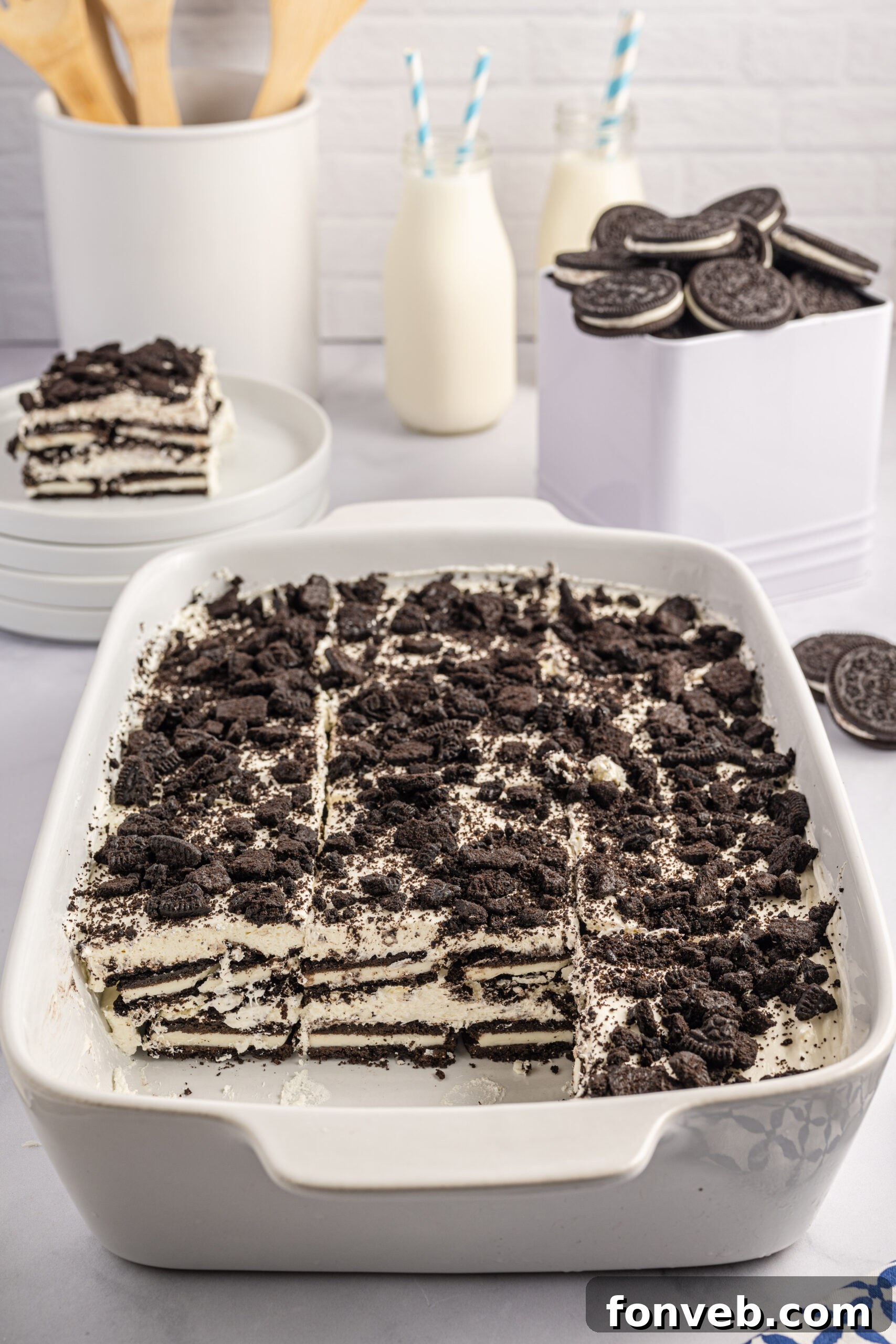 Oreo Icebox Cake in a white baking pan
