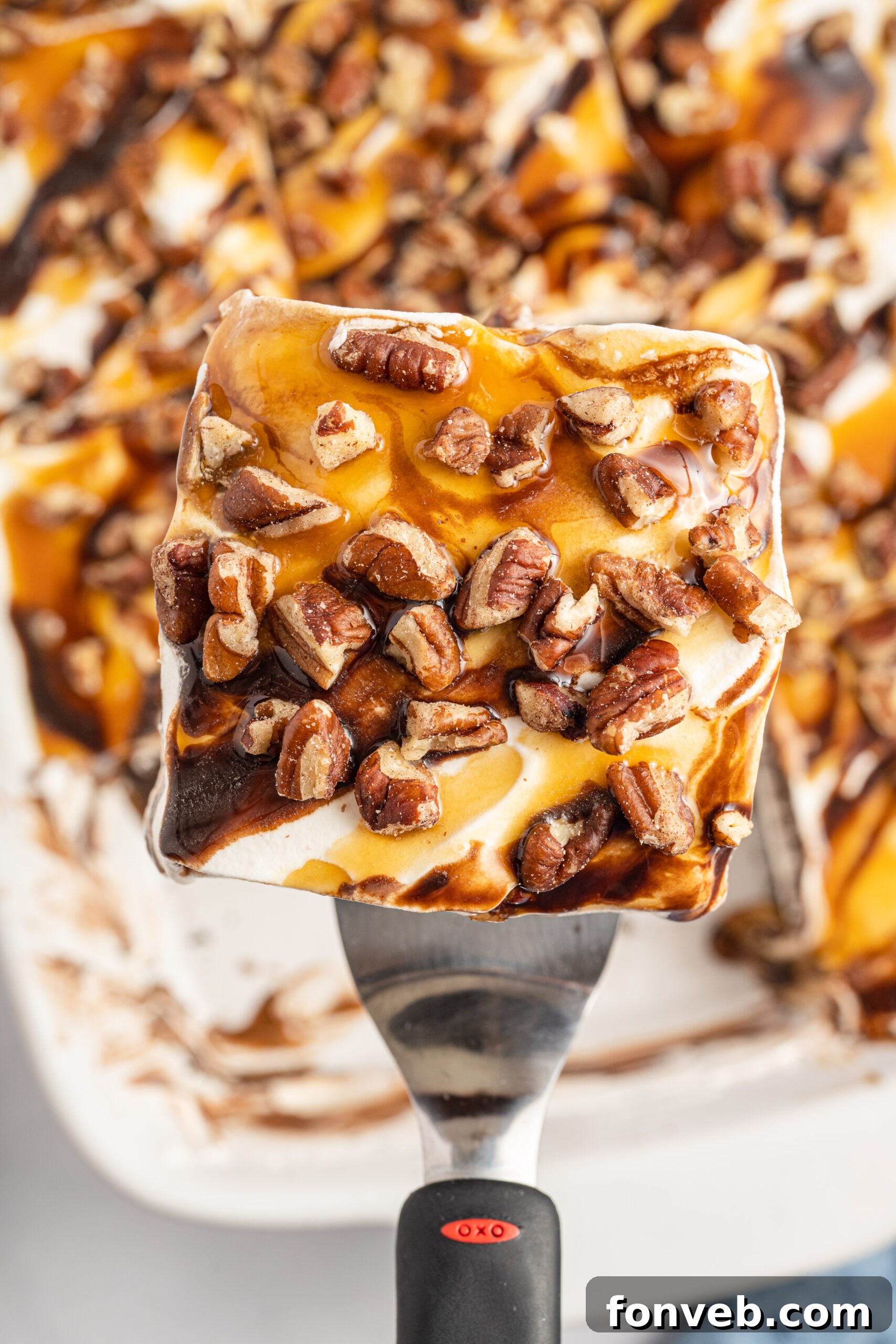 Overhead view of a perfectly sliced piece of Turtle Lush presented on a silver cake server.