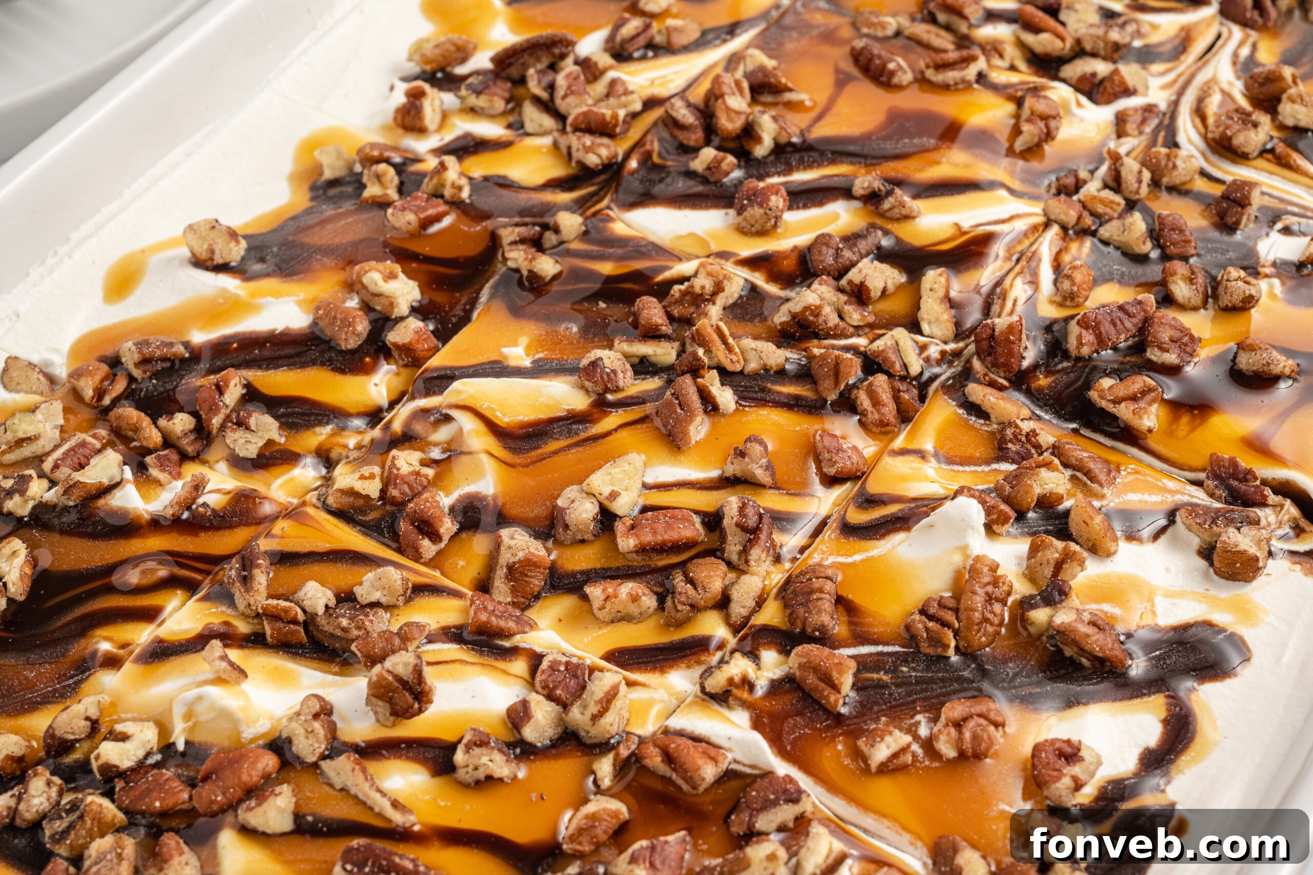 Close up view of the rich, layered texture of Turtle Lush in a white baking dish.