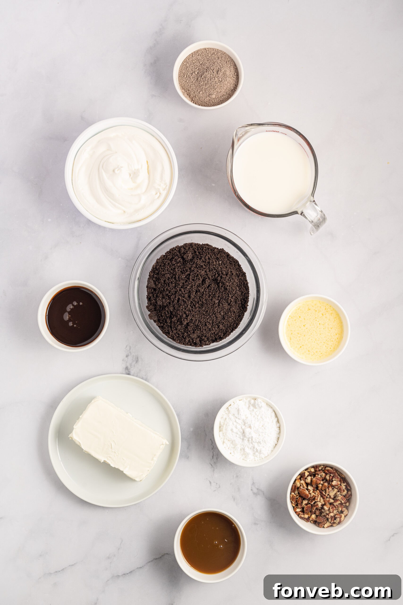 Overhead view of all the neatly arranged ingredients needed to prepare this delightful Turtle Lush recipe.