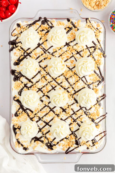 Bright red maraschino cherries and colorful rainbow sprinkles, classic banana split garnishes.