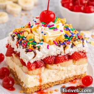 No Bake Banana Split Cake on a white plate