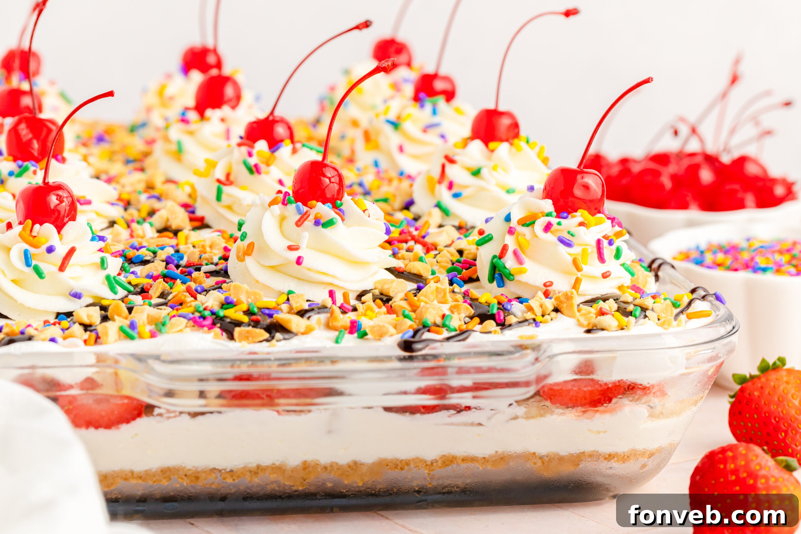 Another appealing front view of the No-Bake Banana Split Cake in its clear glass dish, highlighting the colorful layers and tempting toppings.