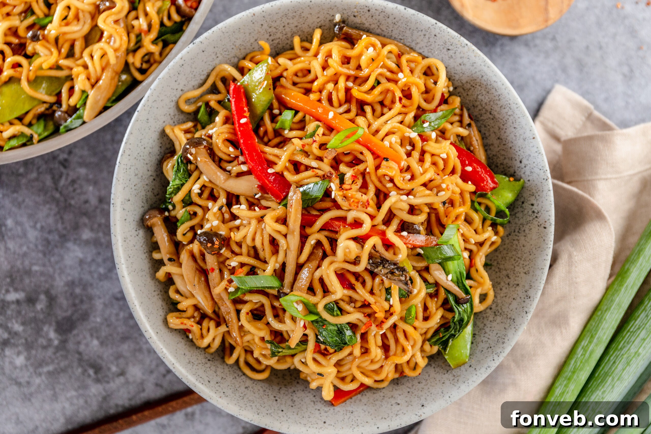 Ramen Stir Fry in a speckled white bowl. 