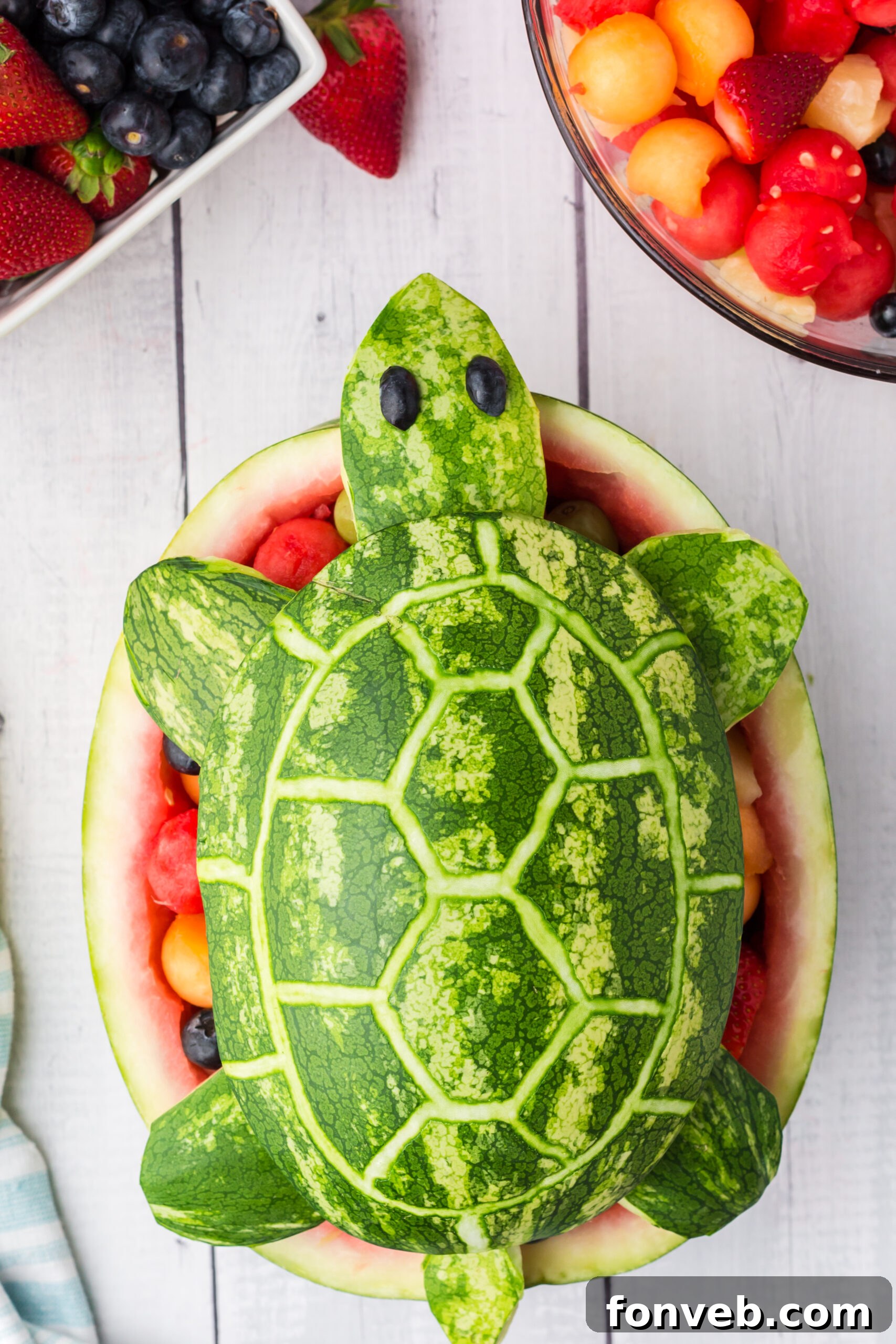 Overhead perspective of the beautifully presented Watermelon Turtle Fruit Salad, ready for guests.