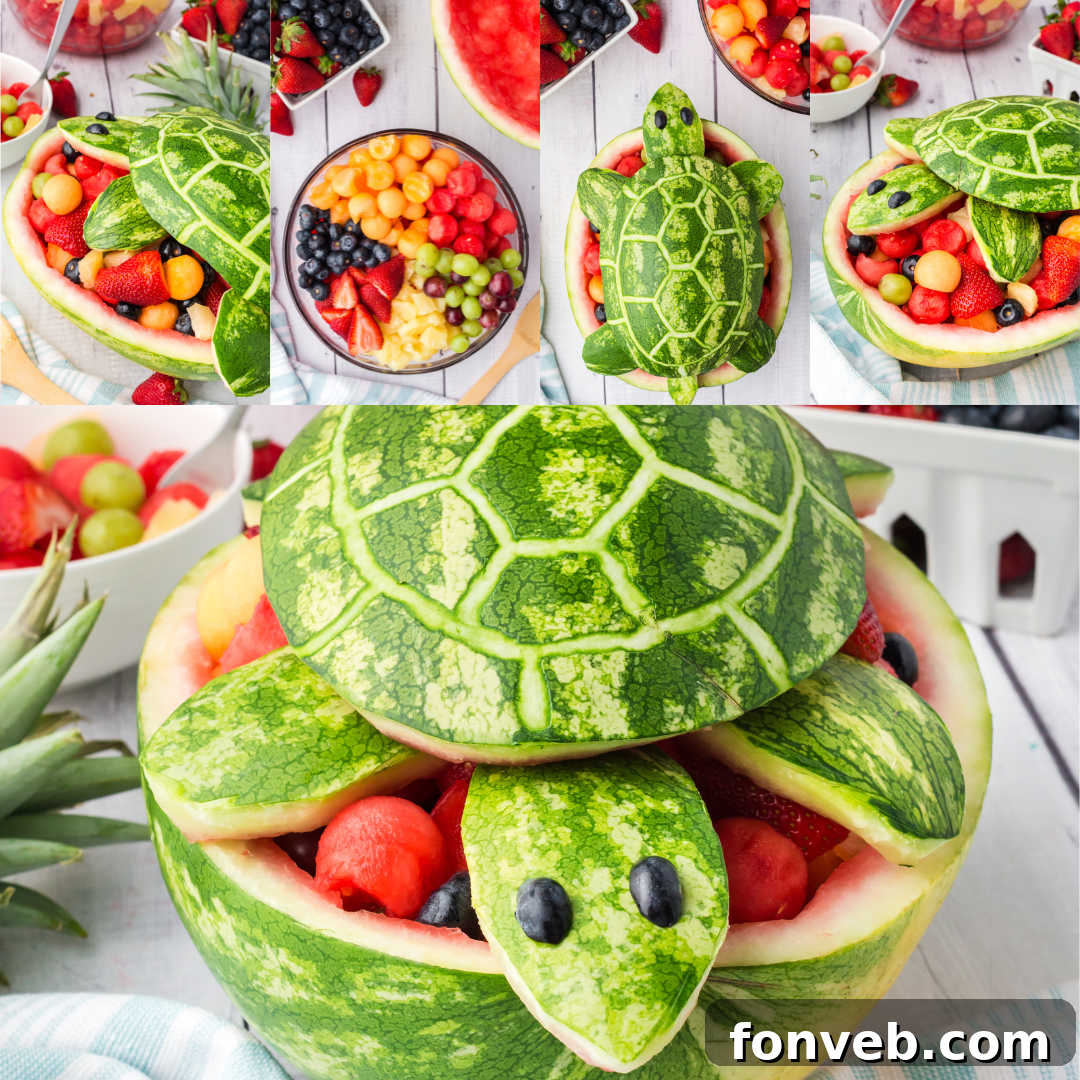 A visual collage illustrating all the steps for carving and filling the Watermelon Turtle Fruit Salad bowl.