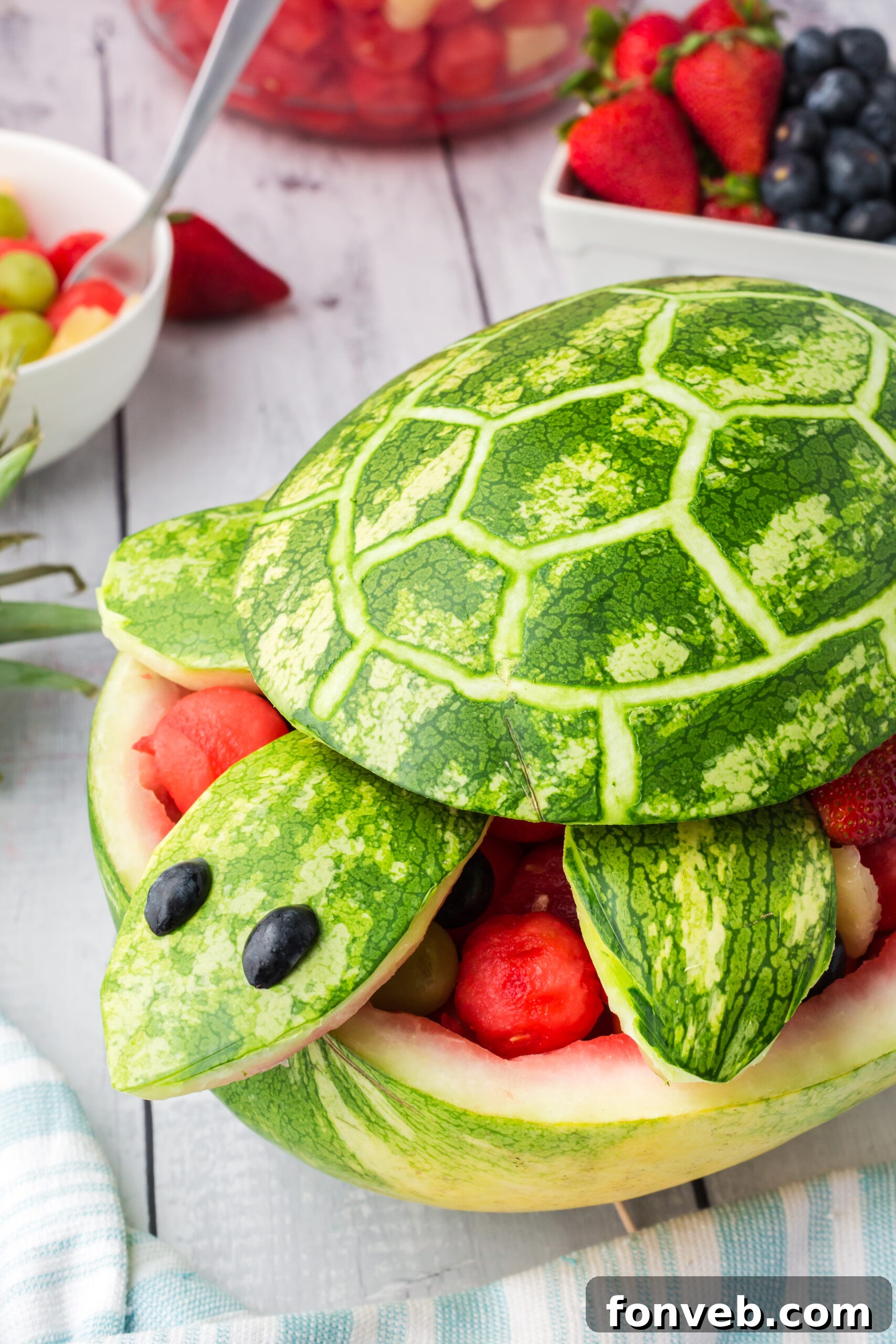 Another overhead view of the Watermelon Turtle Fruit Salad, highlighting the freshness of the berries and melon.