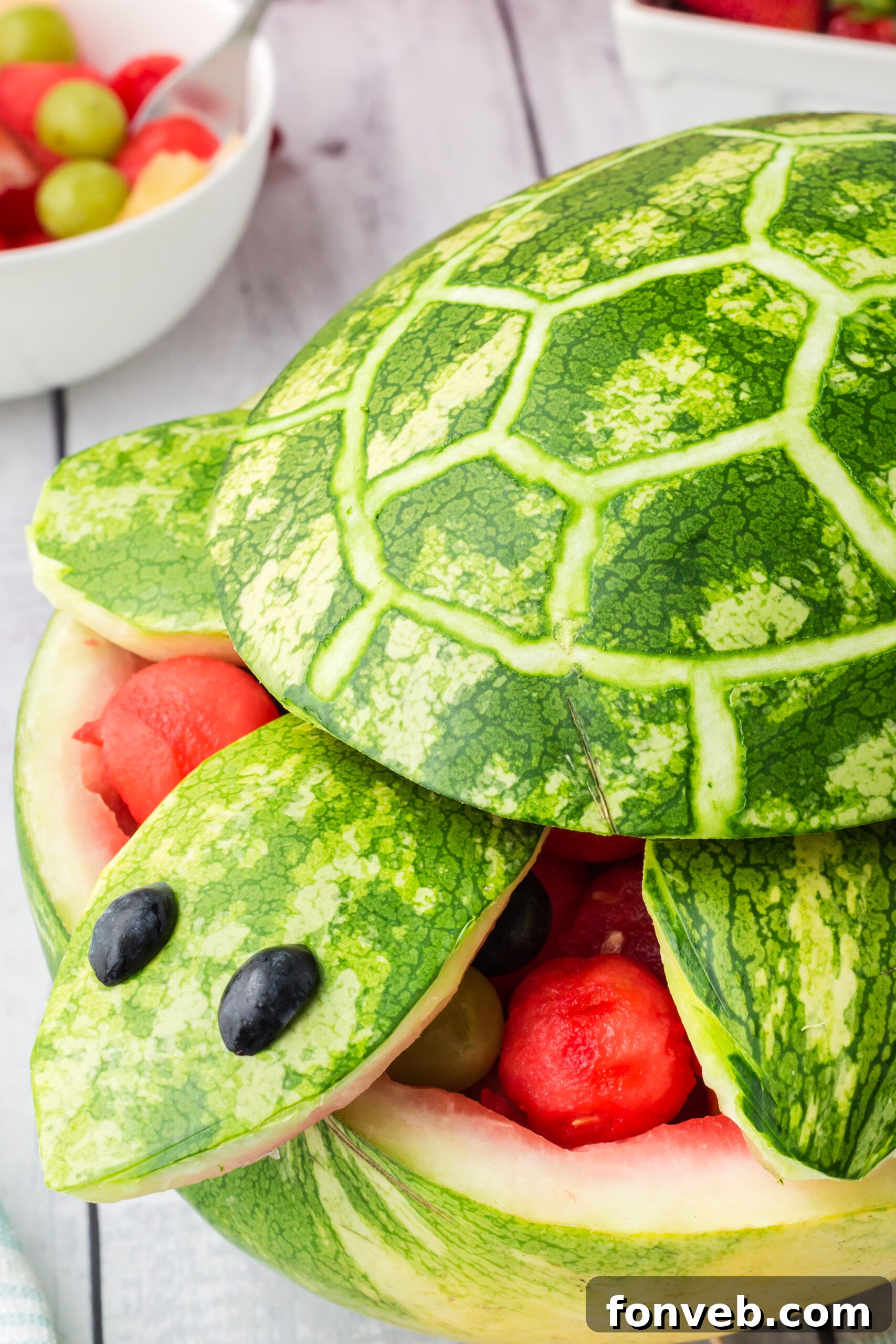 Close-up view of the refreshing and colorful Watermelon Turtle Fruit Salad, highlighting the fresh ingredients.