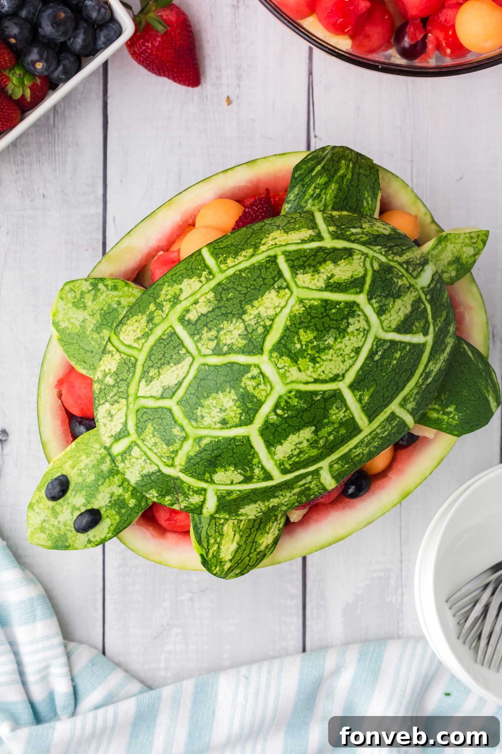 Overhead shot of the finished Watermelon Turtle Fruit Salad, showcasing the colorful fruit arrangement.