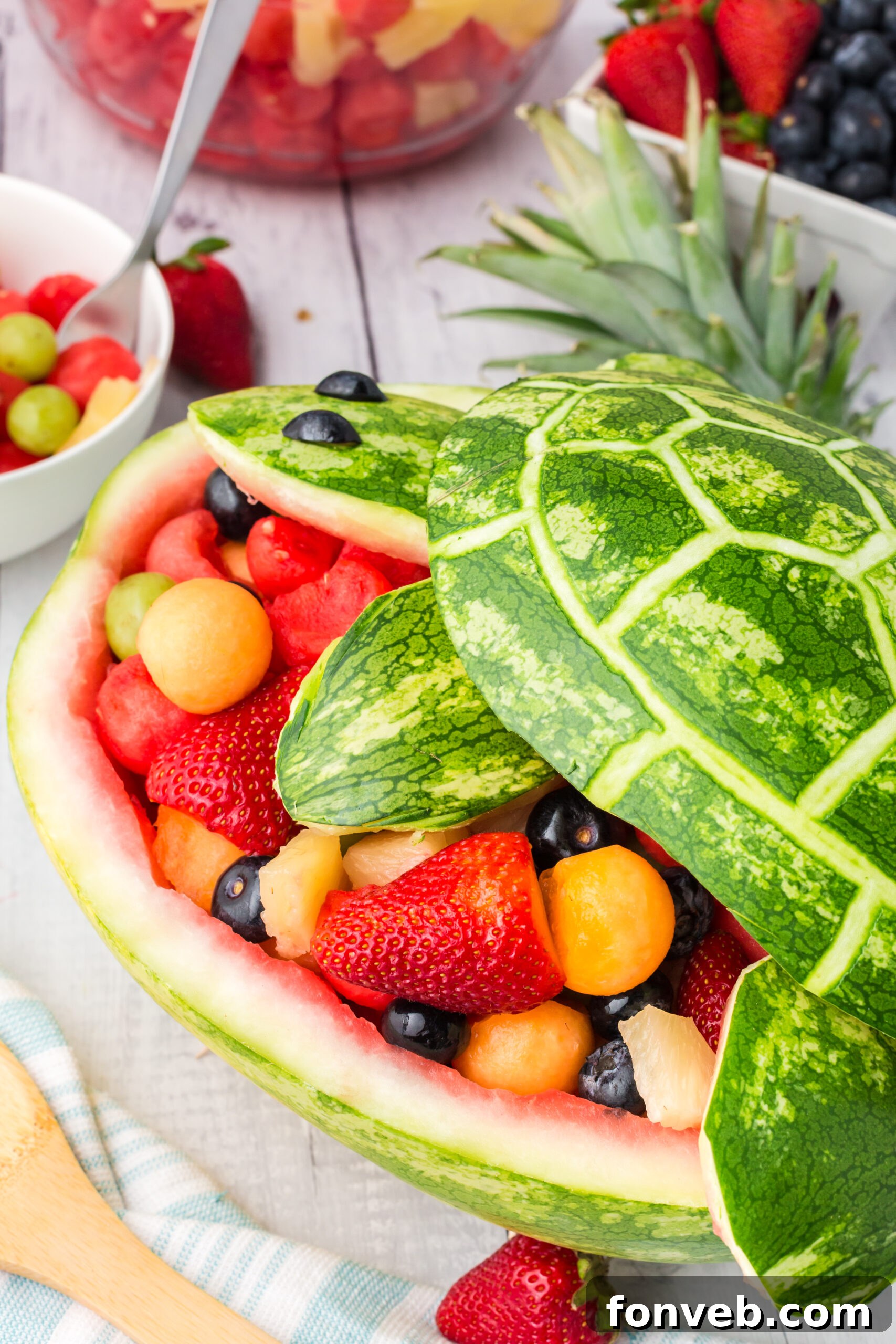 Side view of the Watermelon Turtle Fruit Salad, displaying its unique and playful design.