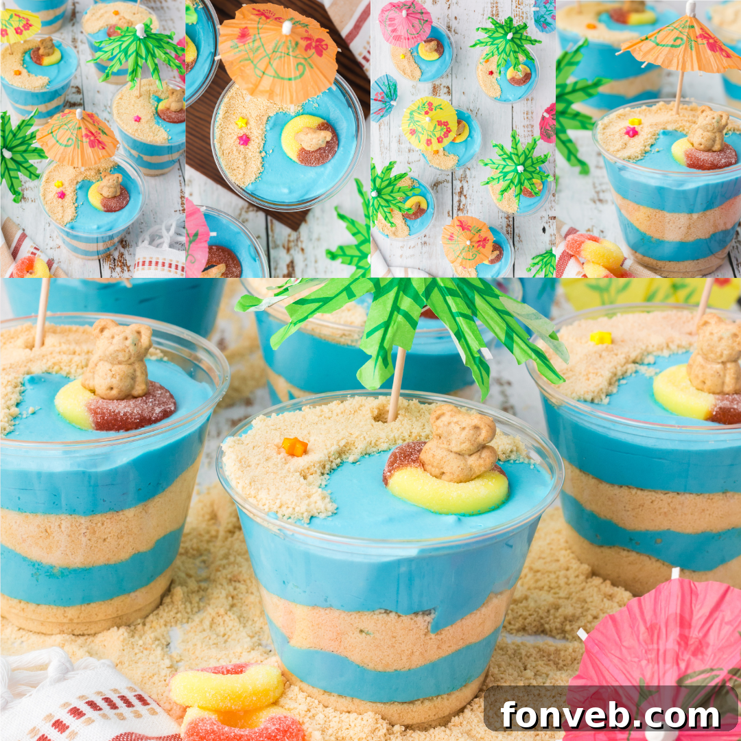 Collage of Beach Cheesecake Pudding Cups from various angles, highlighting their appealing design.