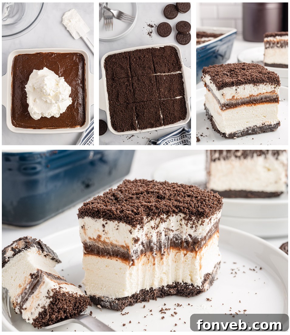 Oreo delight collage of 4 photos showing different angles of the dessert 
