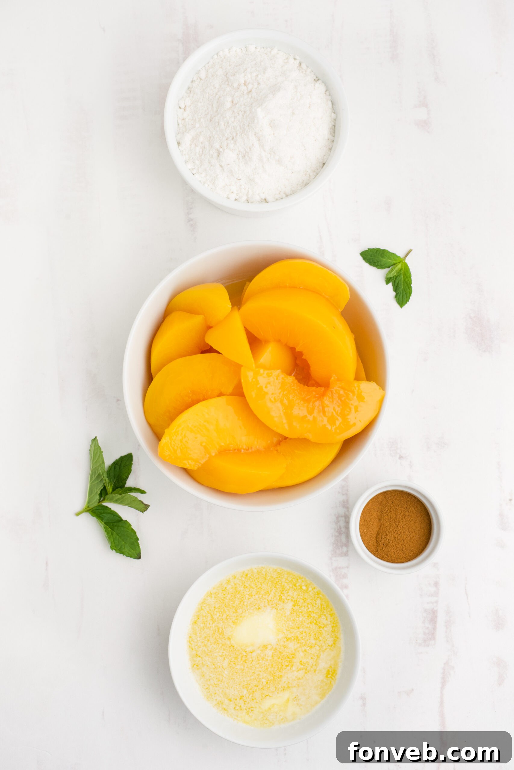 Simple Peach Dump Cake 7 Overhead view of the ingredients needed to complete this recipe.