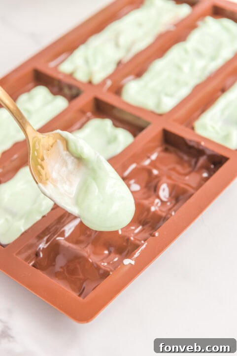 Step-by-step image of topping with final dark chocolate layer.