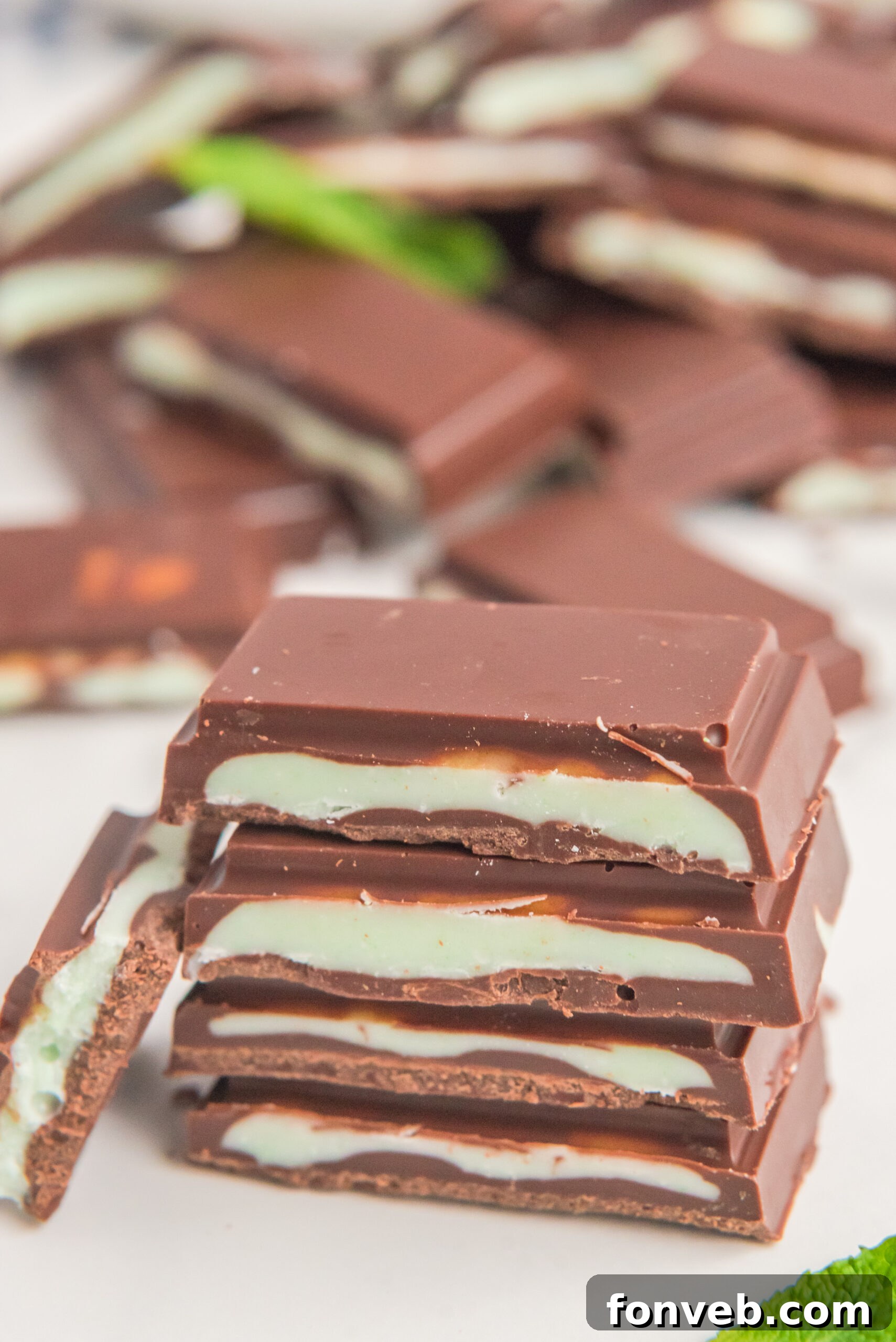 Front view of four Homemade Andes Mints stacked.