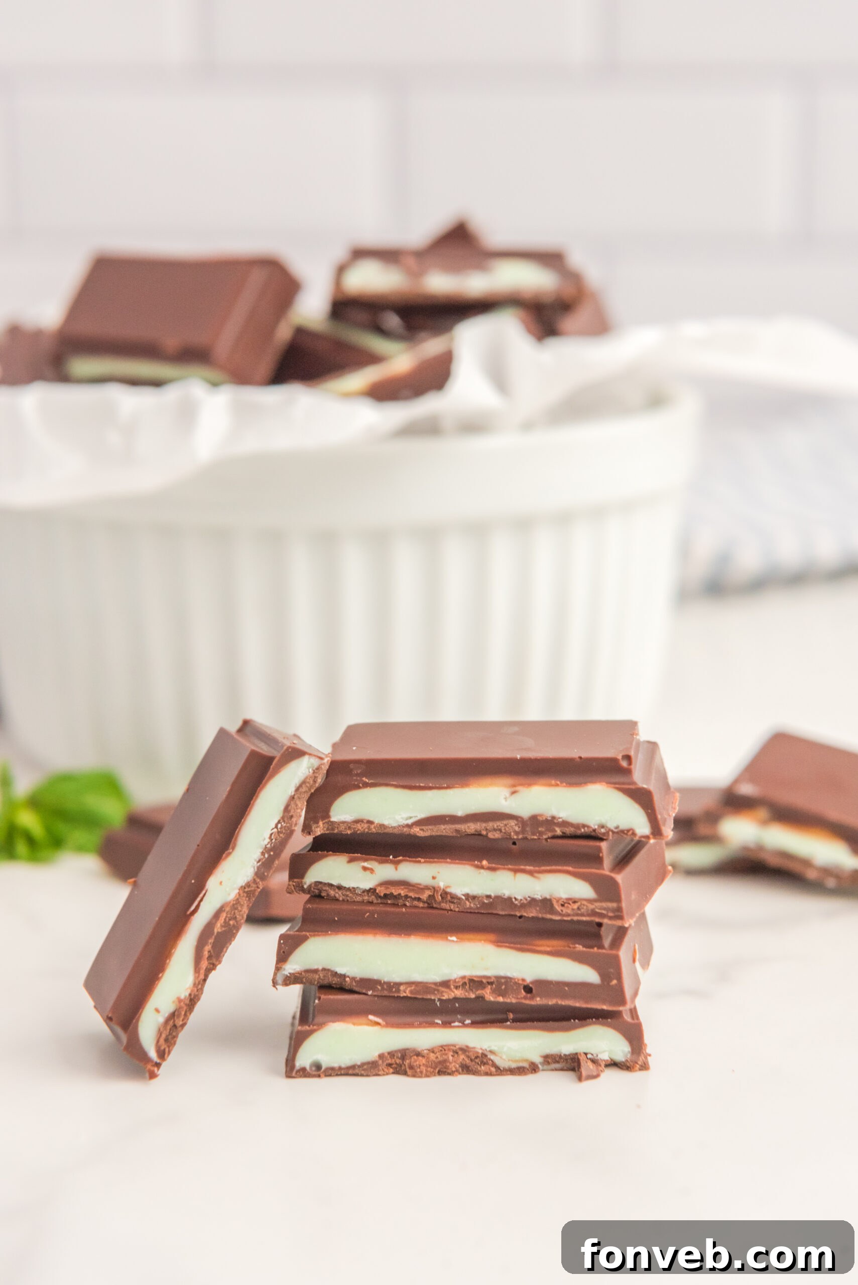 Front view of four Homemade Andes Mints stacked.