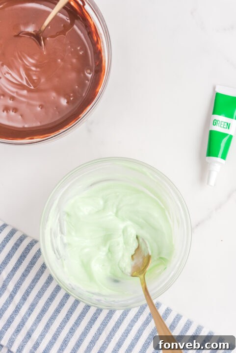 Step-by-step image of spooning dark chocolate into a mold.