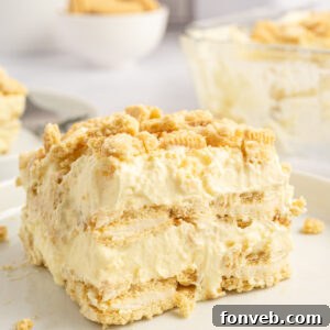 Golden Oreo No-Bake Delight 15 A beautifully sliced piece of Golden Oreo Icebox Cake, showcasing its delightful layers.