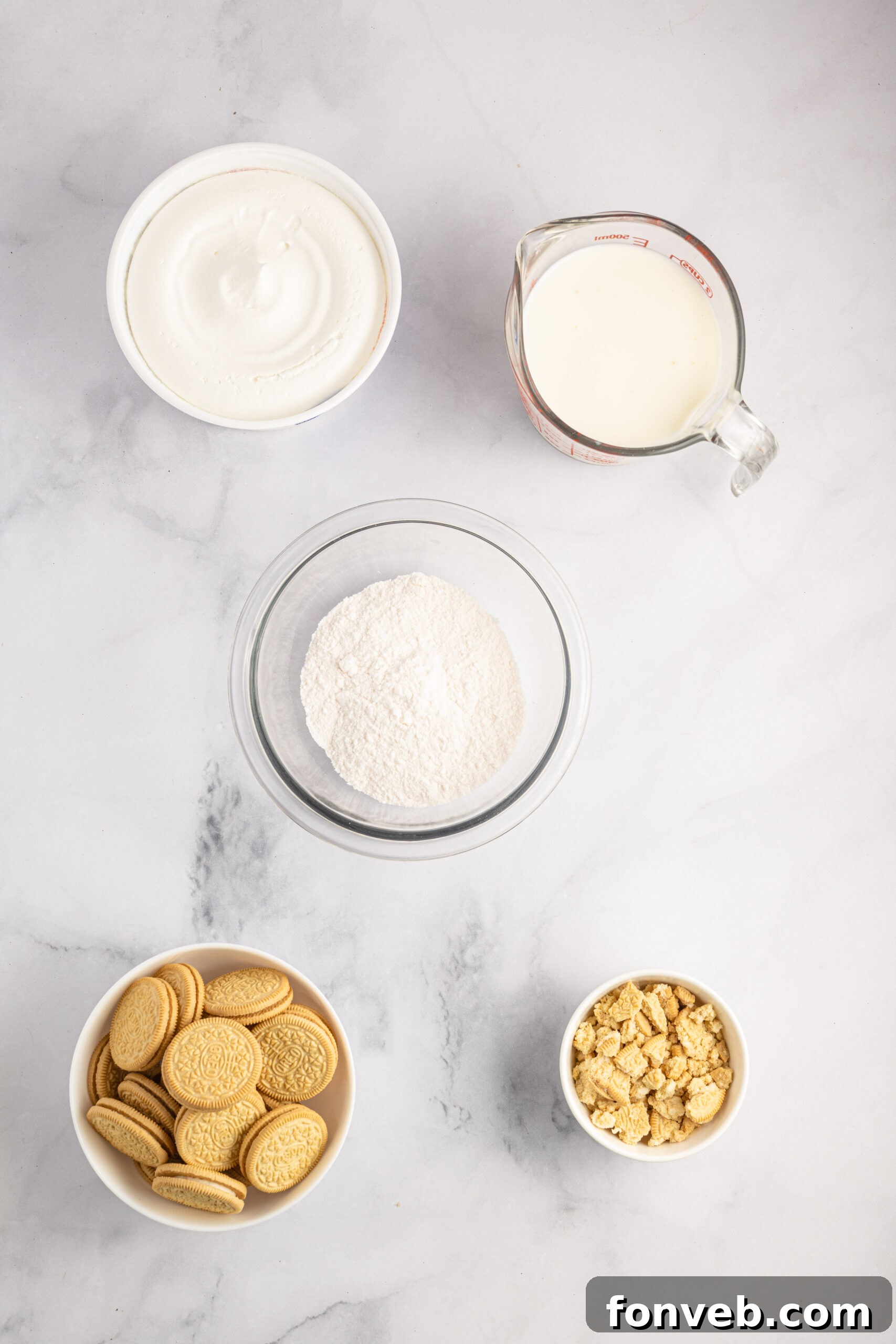 Golden Oreo No-Bake Delight 8 Overhead view of the ingredients needed to complete this recipe.