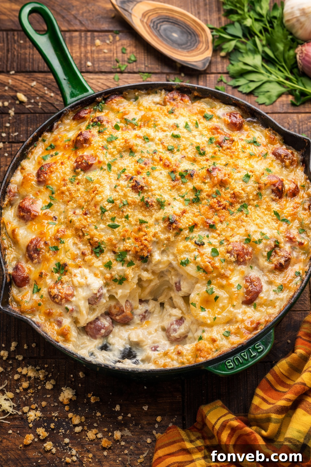 Creamy Sausage and Potato Gratin 2 Overhead view of Au Gratin Potatoes & Ham in a cast iron skillet with a bunch missing