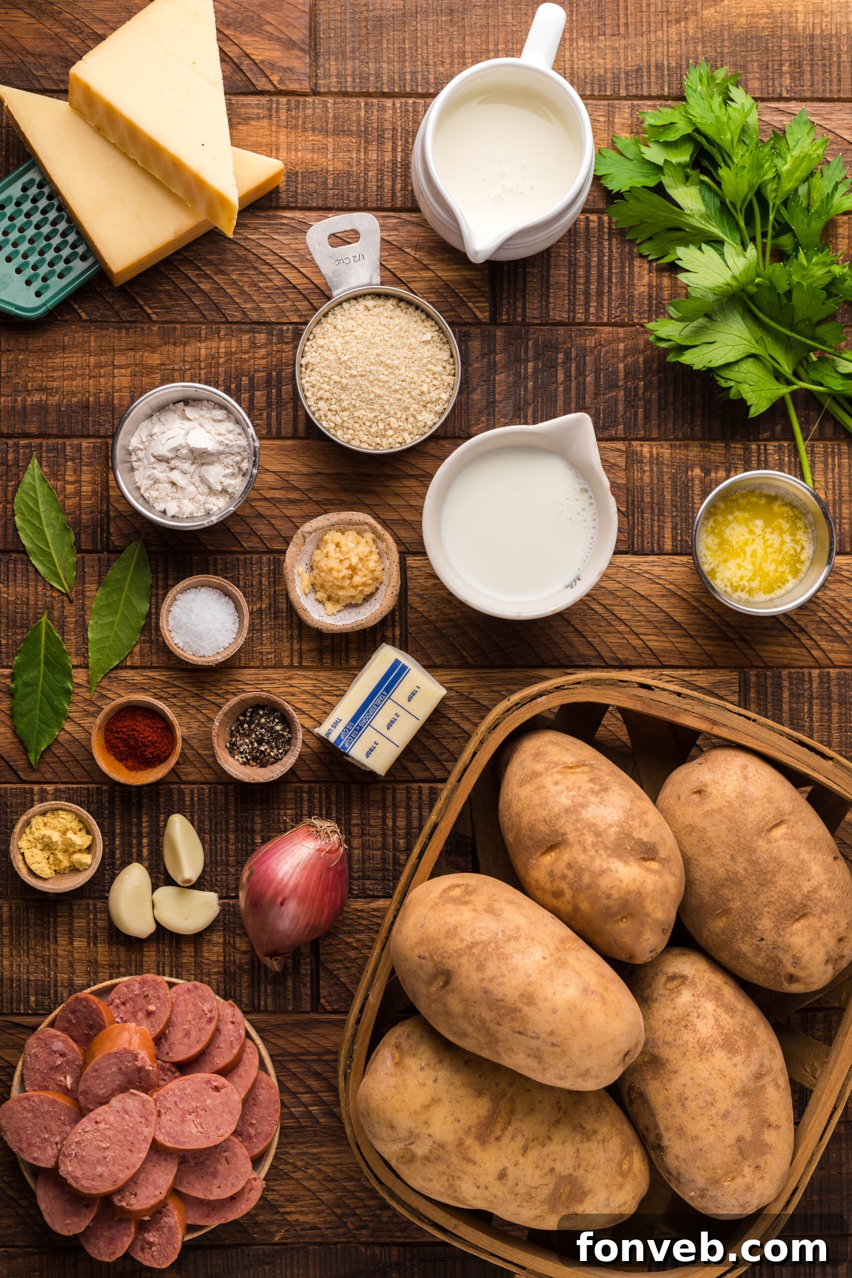 Creamy Sausage and Potato Gratin 11 Overhead view of the ingredients needed to complete this recipe.