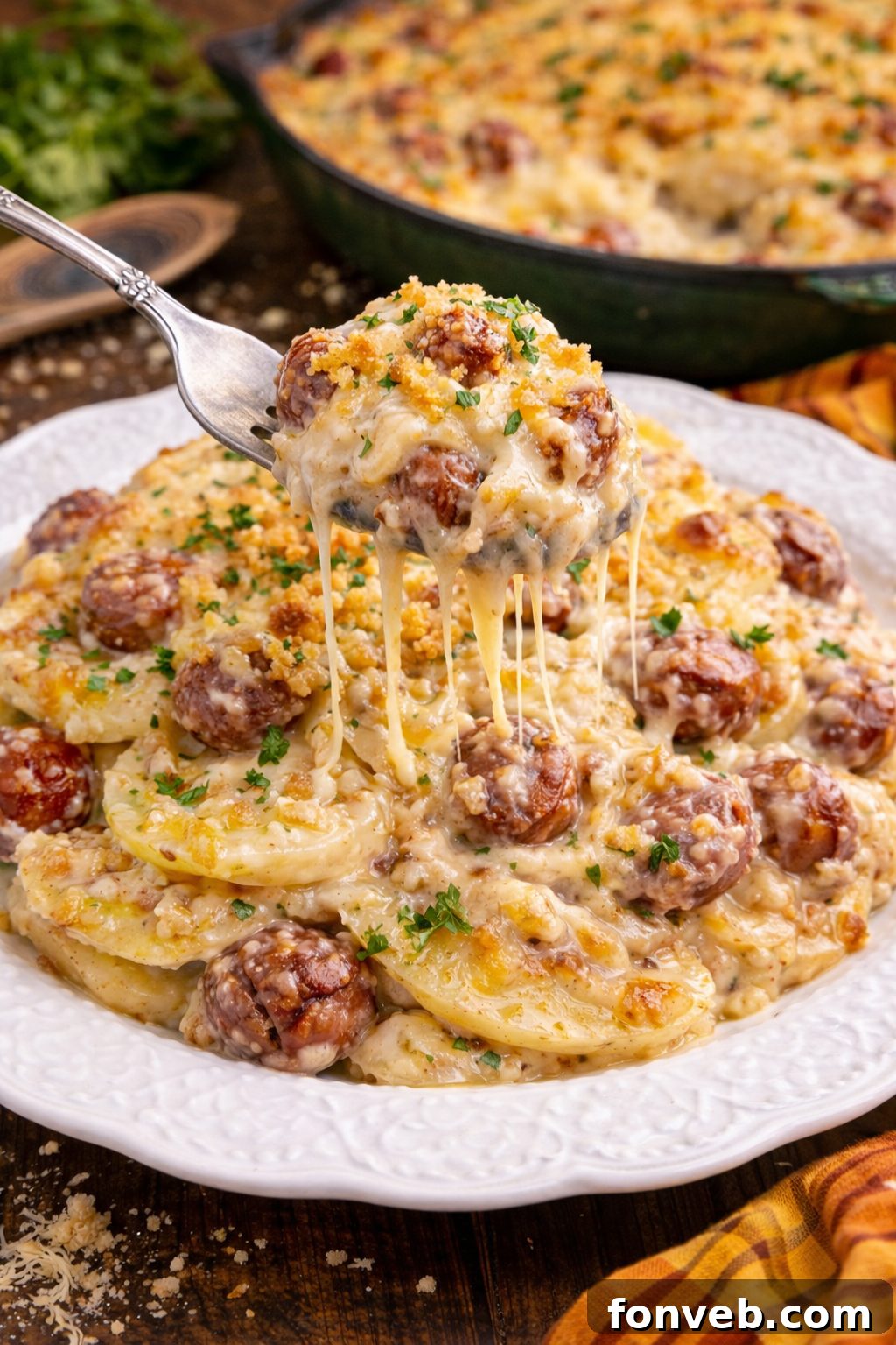 Creamy Sausage and Potato Gratin 21 Au Gratin Potatoes & Sausage on a white plate with a spoon lifting up some