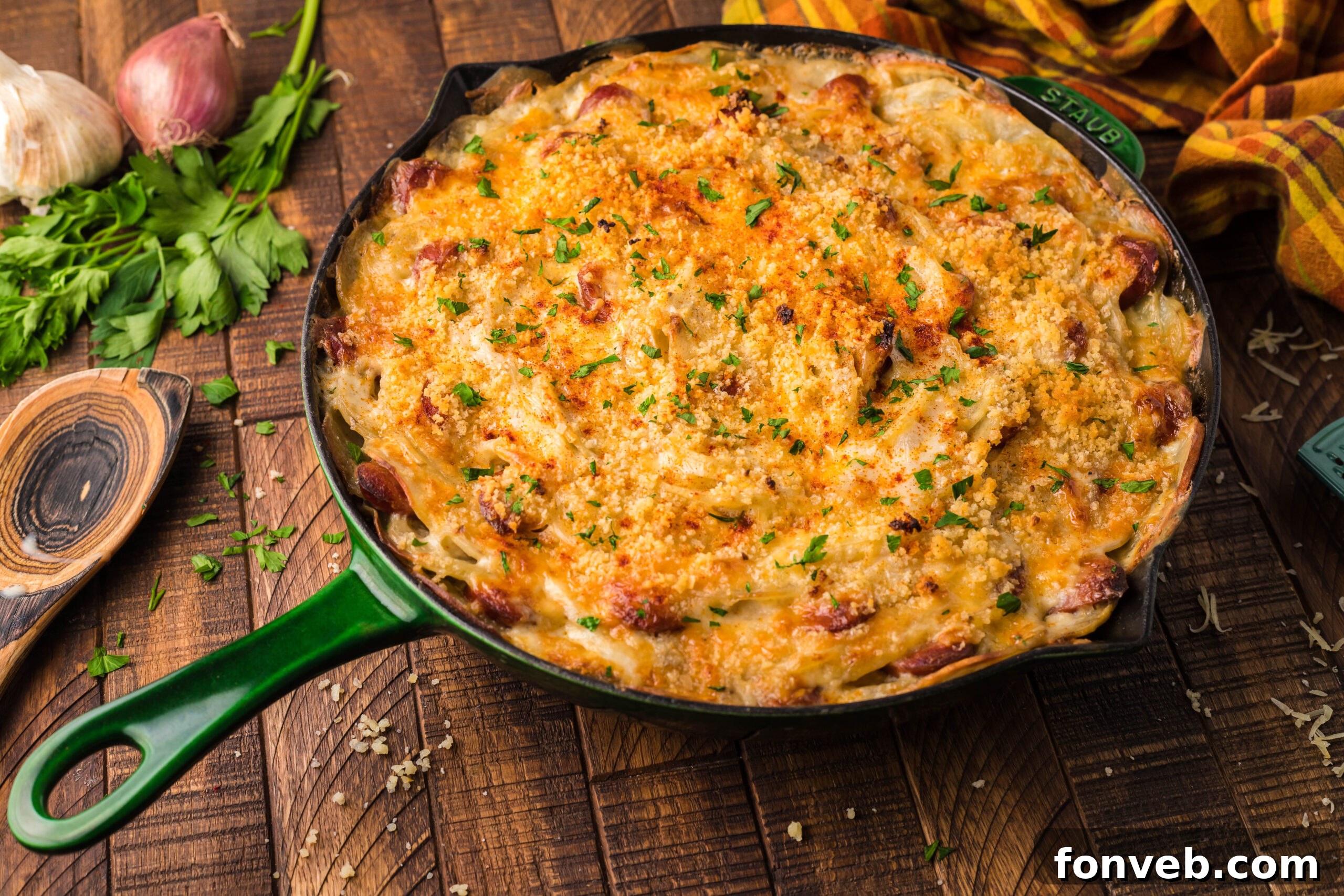 Creamy Sausage and Potato Gratin 4 Side view of Au Gratin Potatoes & Ham in a cast iron skillet.