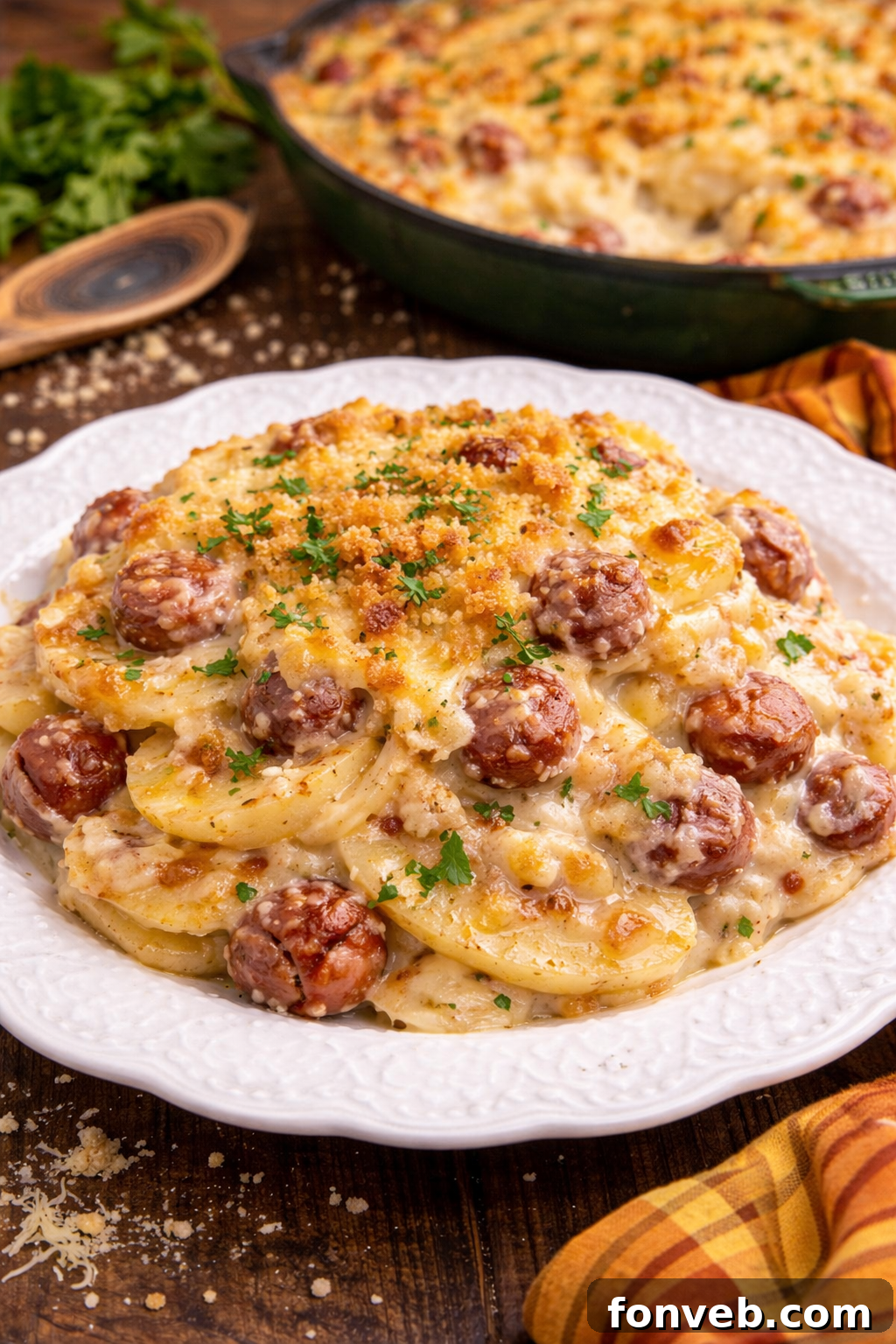 Creamy Sausage and Potato Gratin 6 Au Gratin Potatoes & Sausage on a white plate