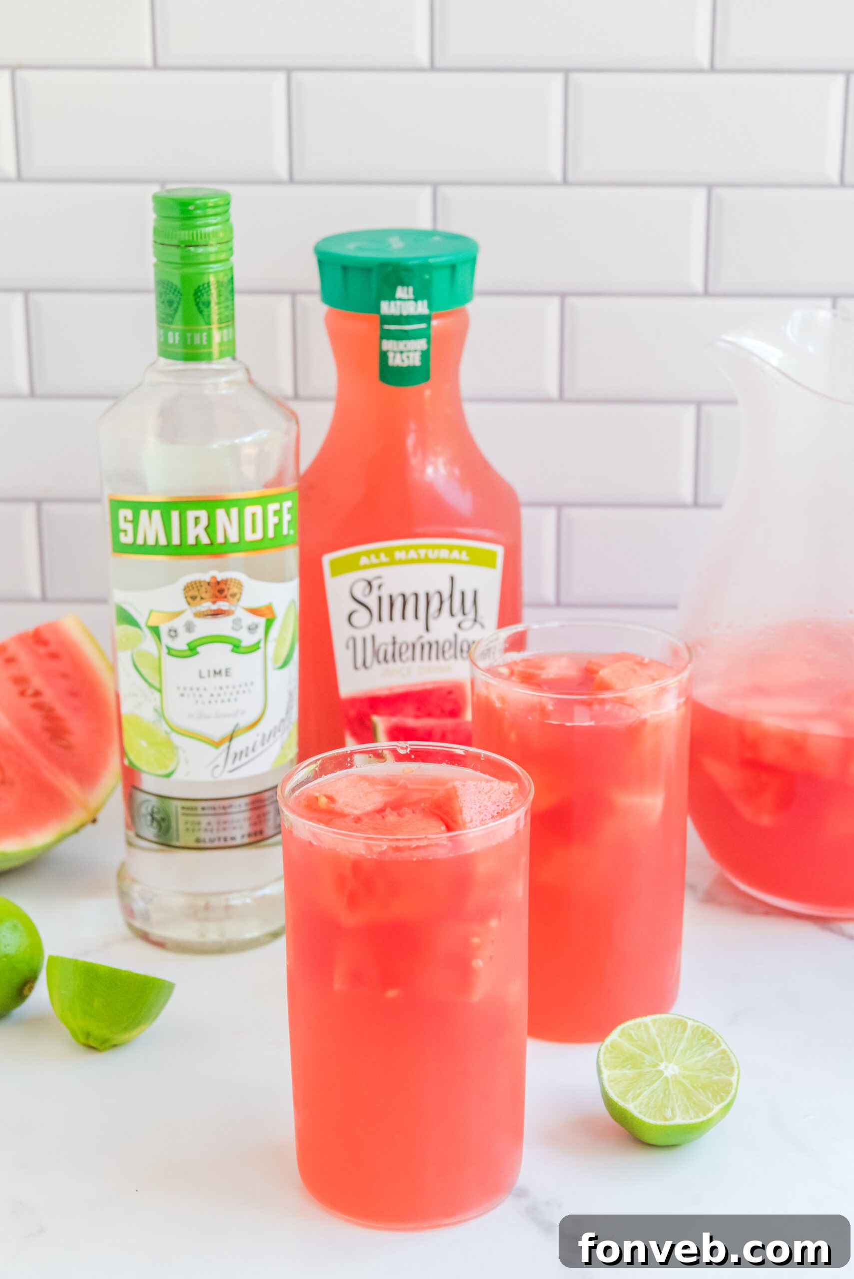 Front view of Watermelon Cocktail in two clear glasses.