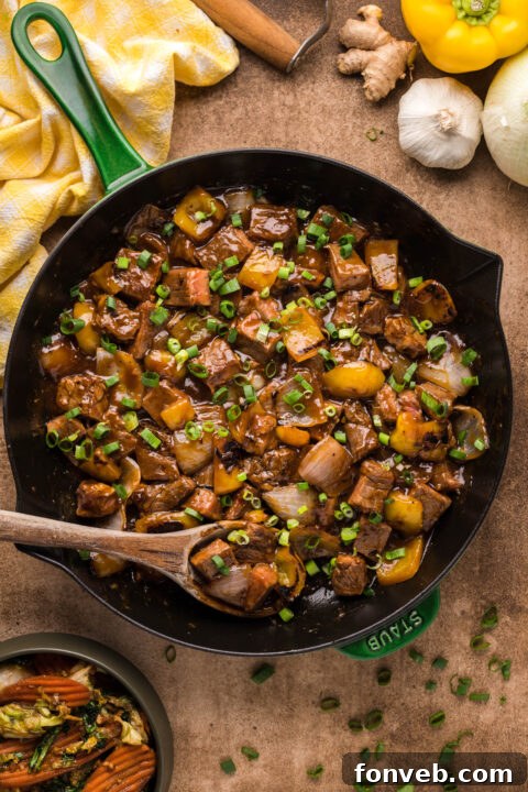 Prepared Teriyaki Steak Bites in a skillet.