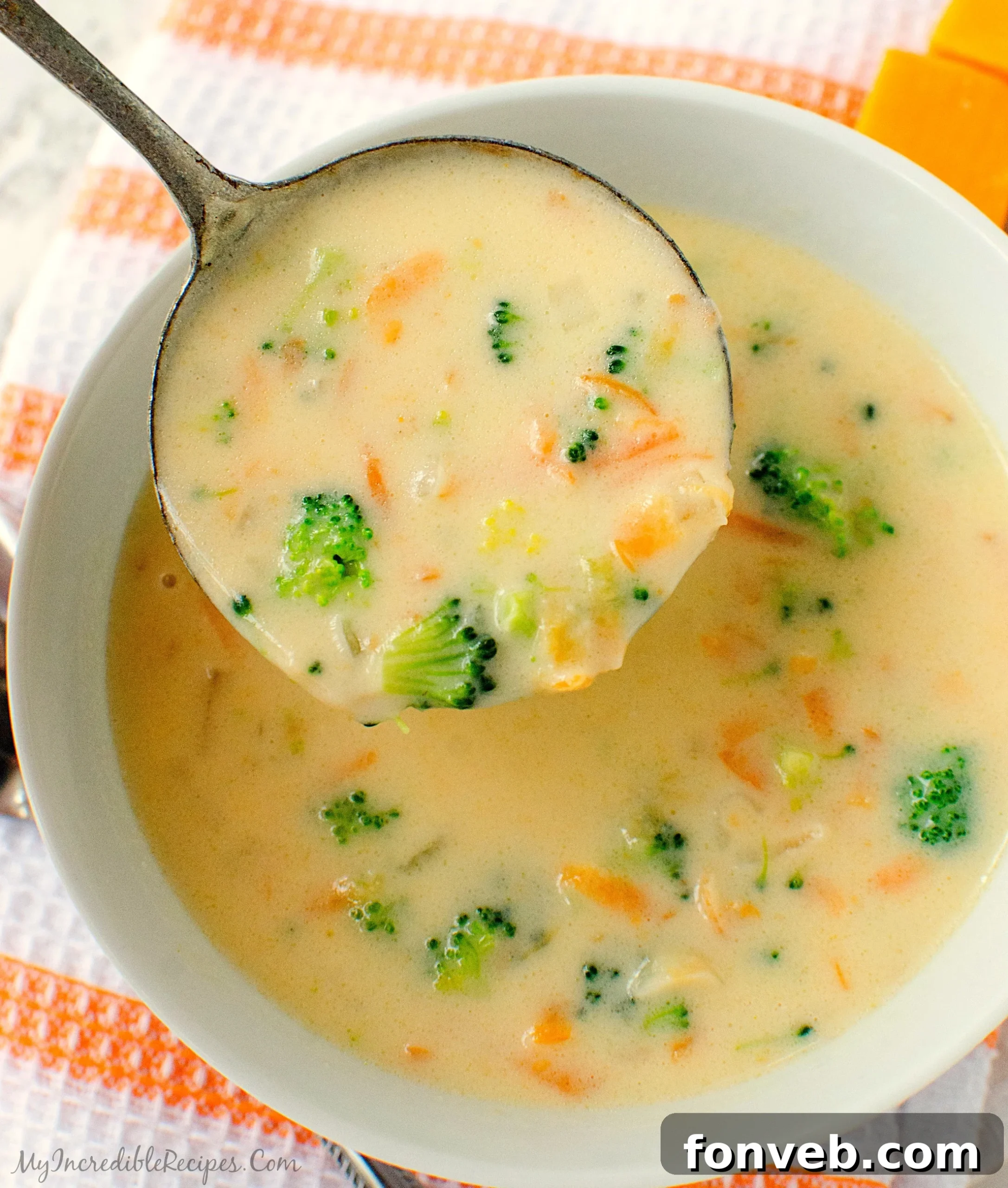 Appetizing broccoli cheese soup in a rustic bowl