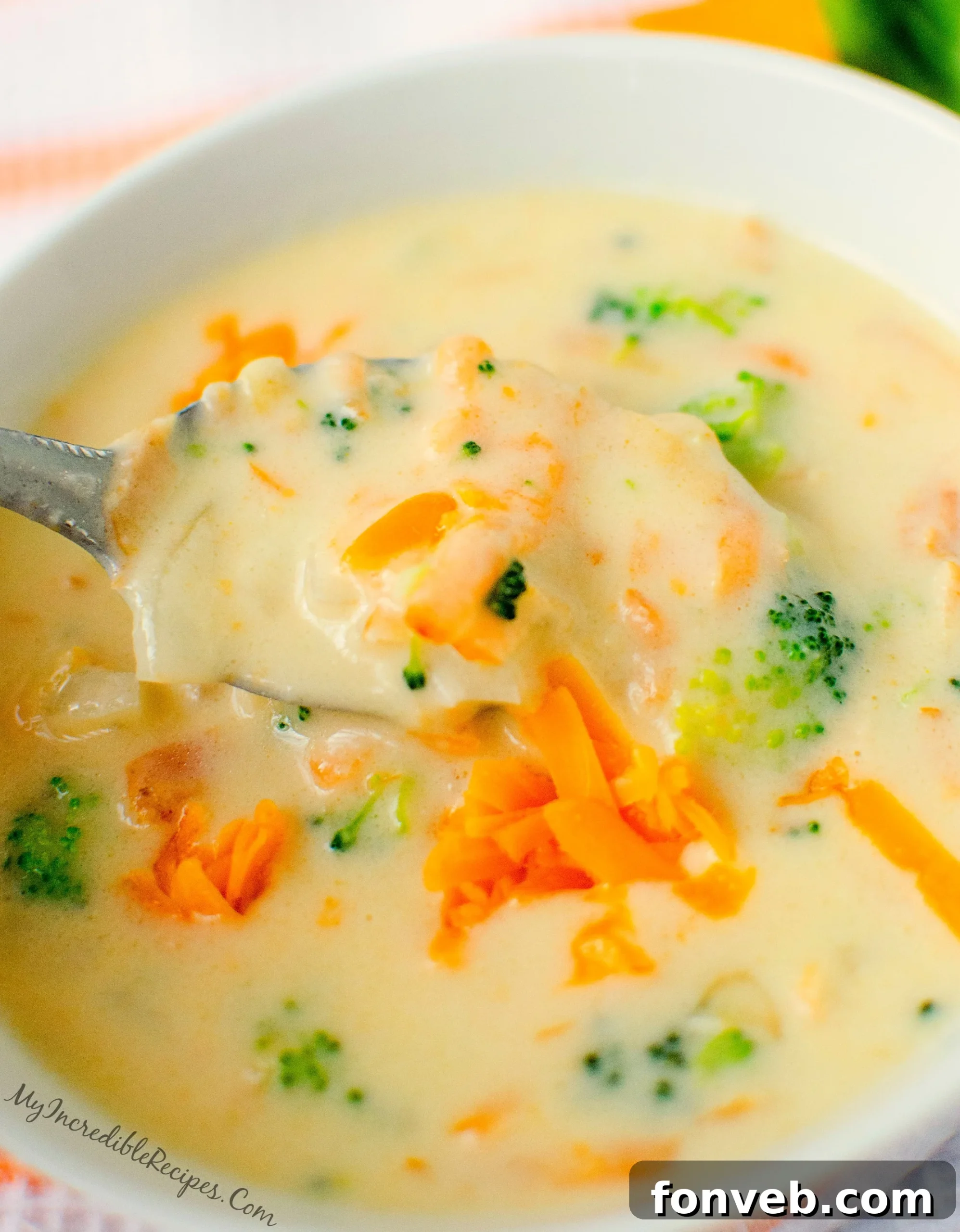 Close-up of creamy broccoli cheese soup