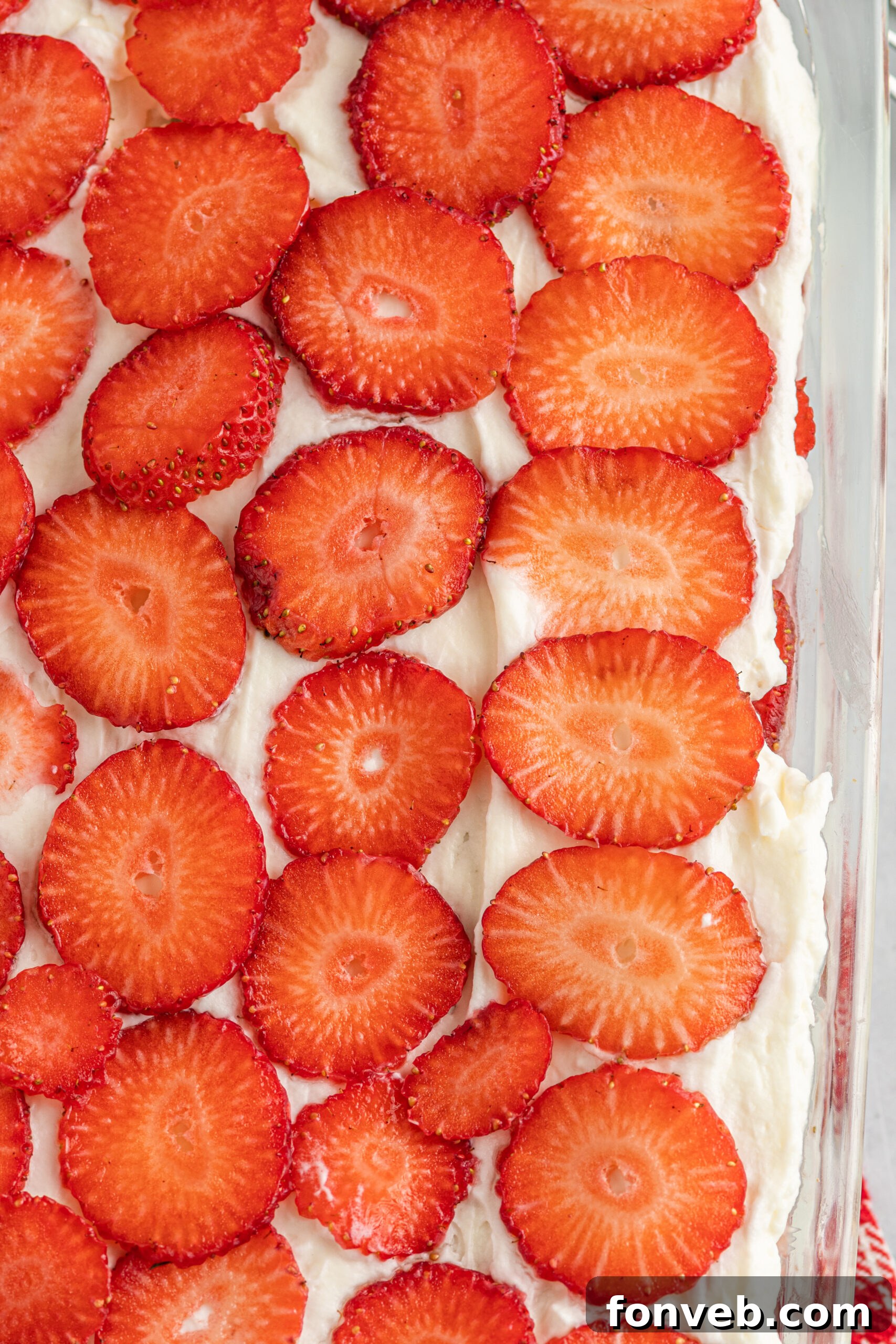 Up close shot of the strawberry topping. 