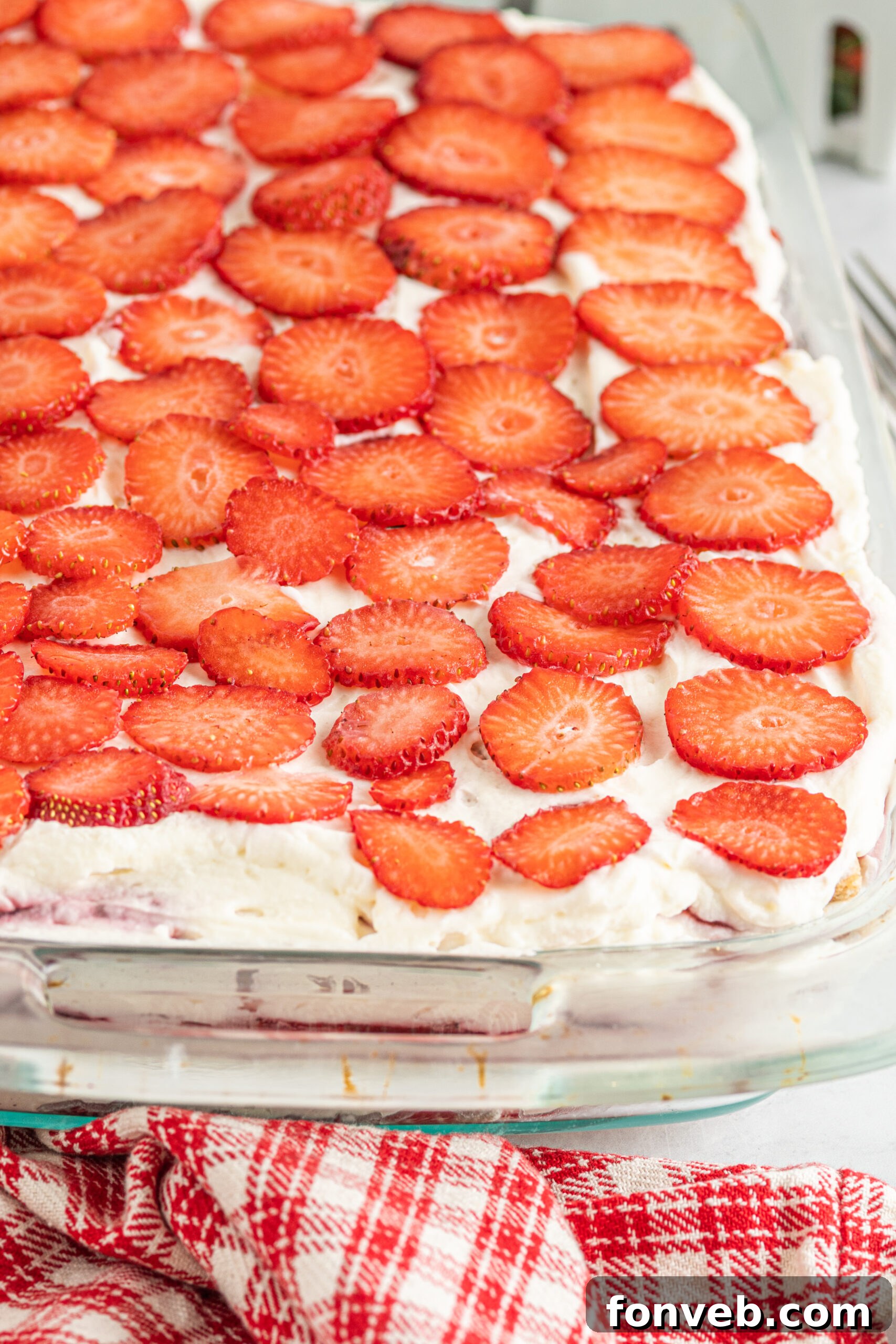 Up close shot of the strawberry topping. 