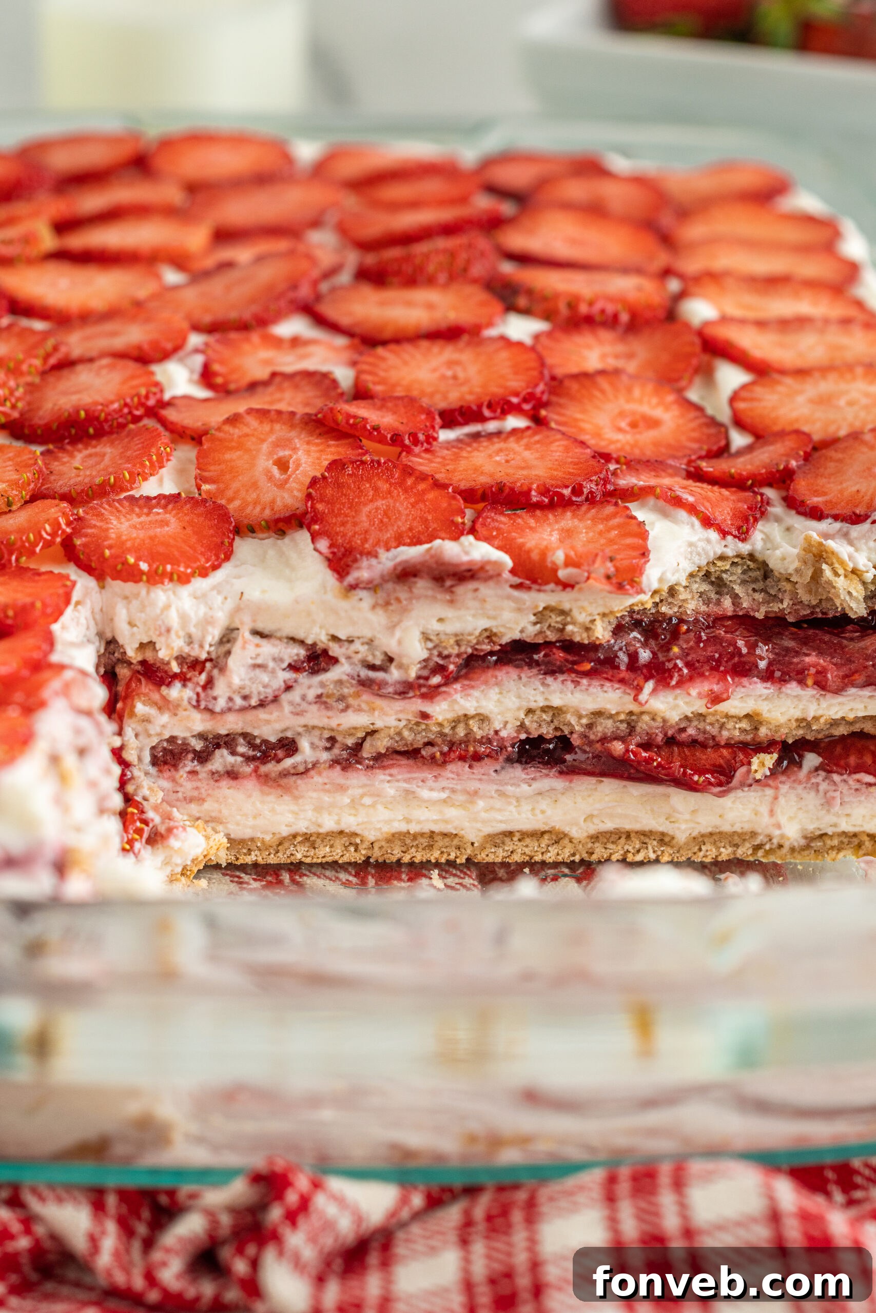 Close up of the layers of the Strawberry Icebox Cake showing the different layers. 