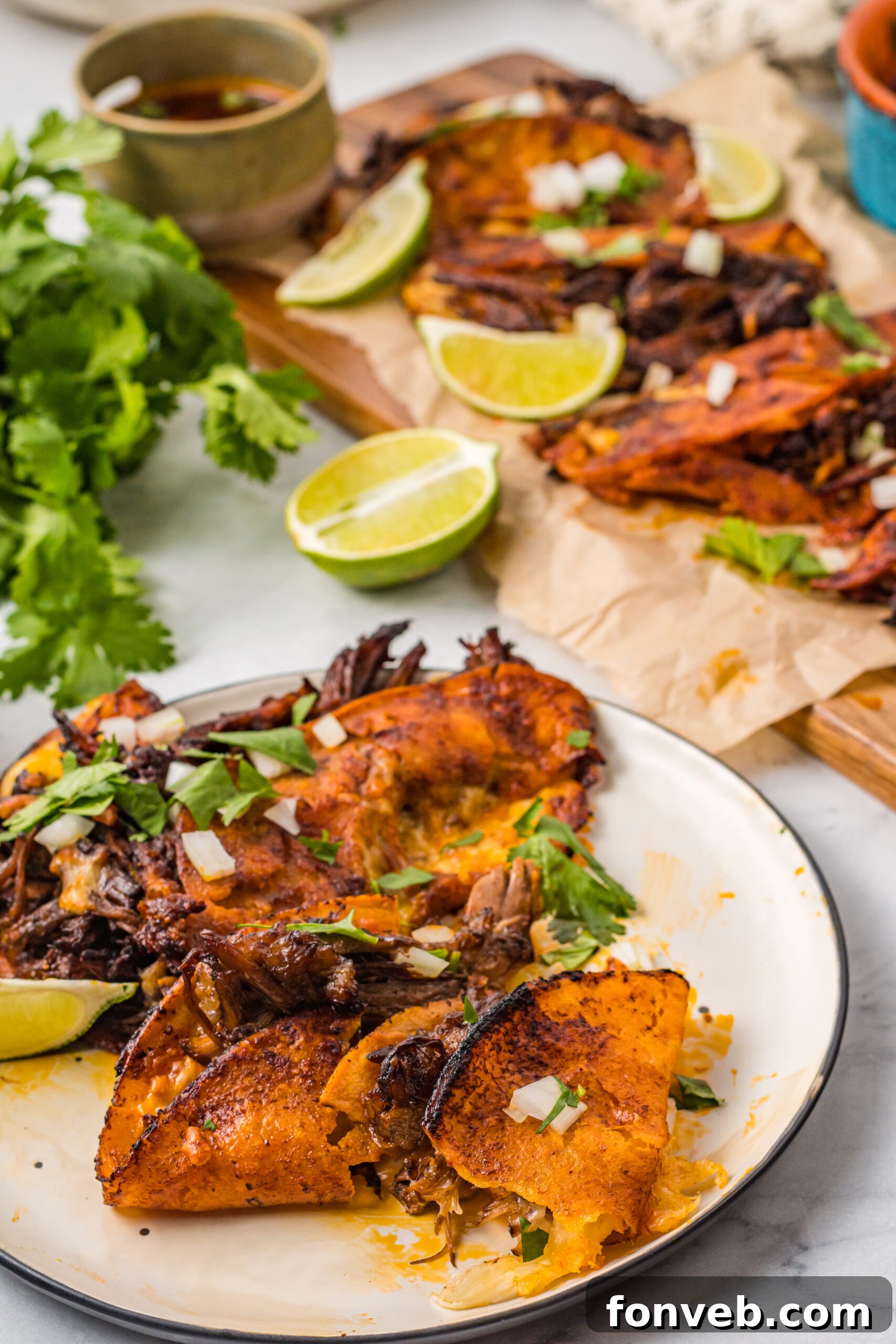 Front view of Birria Tacos on a white plate with one taco split in half.