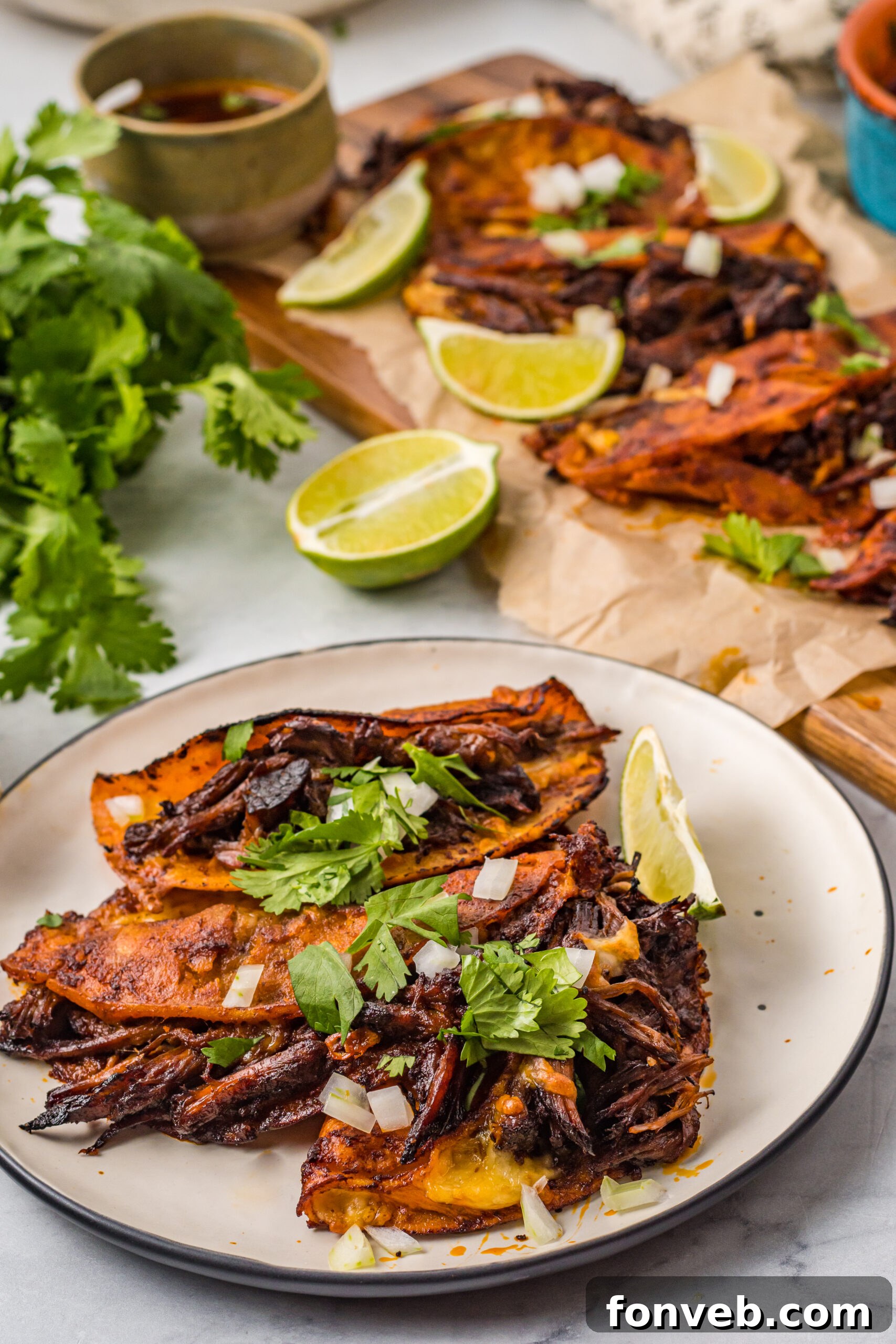 Front view of Birria Tacos on a white plate garnished with onions and cilantro.