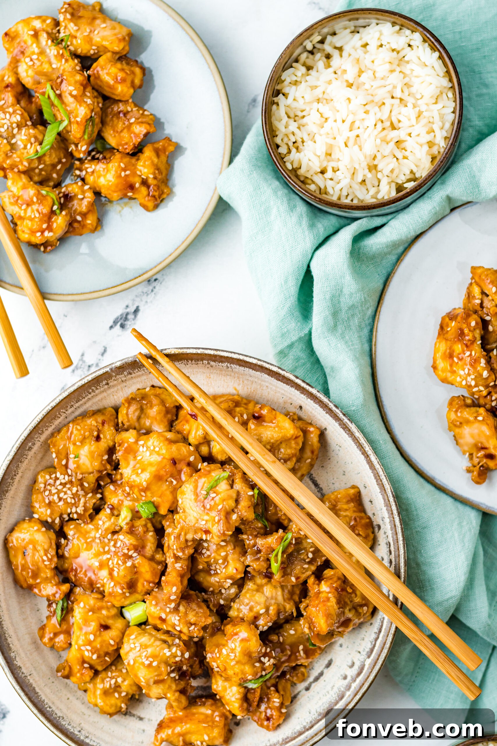 Overhead view of Air Fryer General Tsos Chicken in a gray dish.
