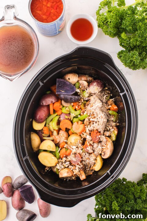 Step-by-step image of transferring browned meat to slow cooker.