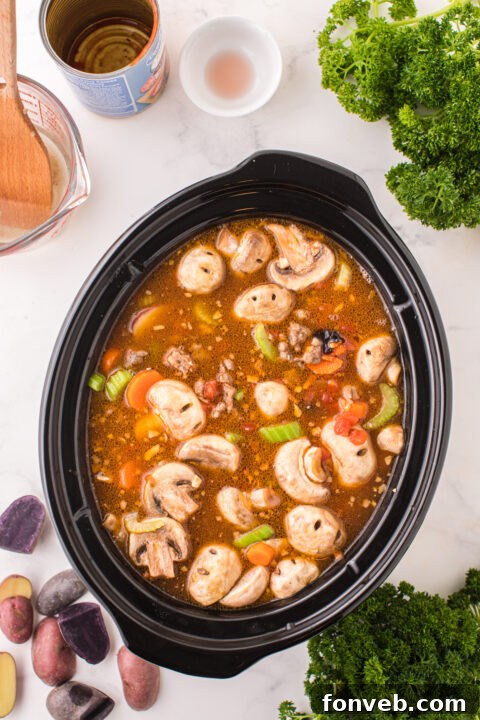 Step-by-step image of combining all ingredients in the slow cooker.