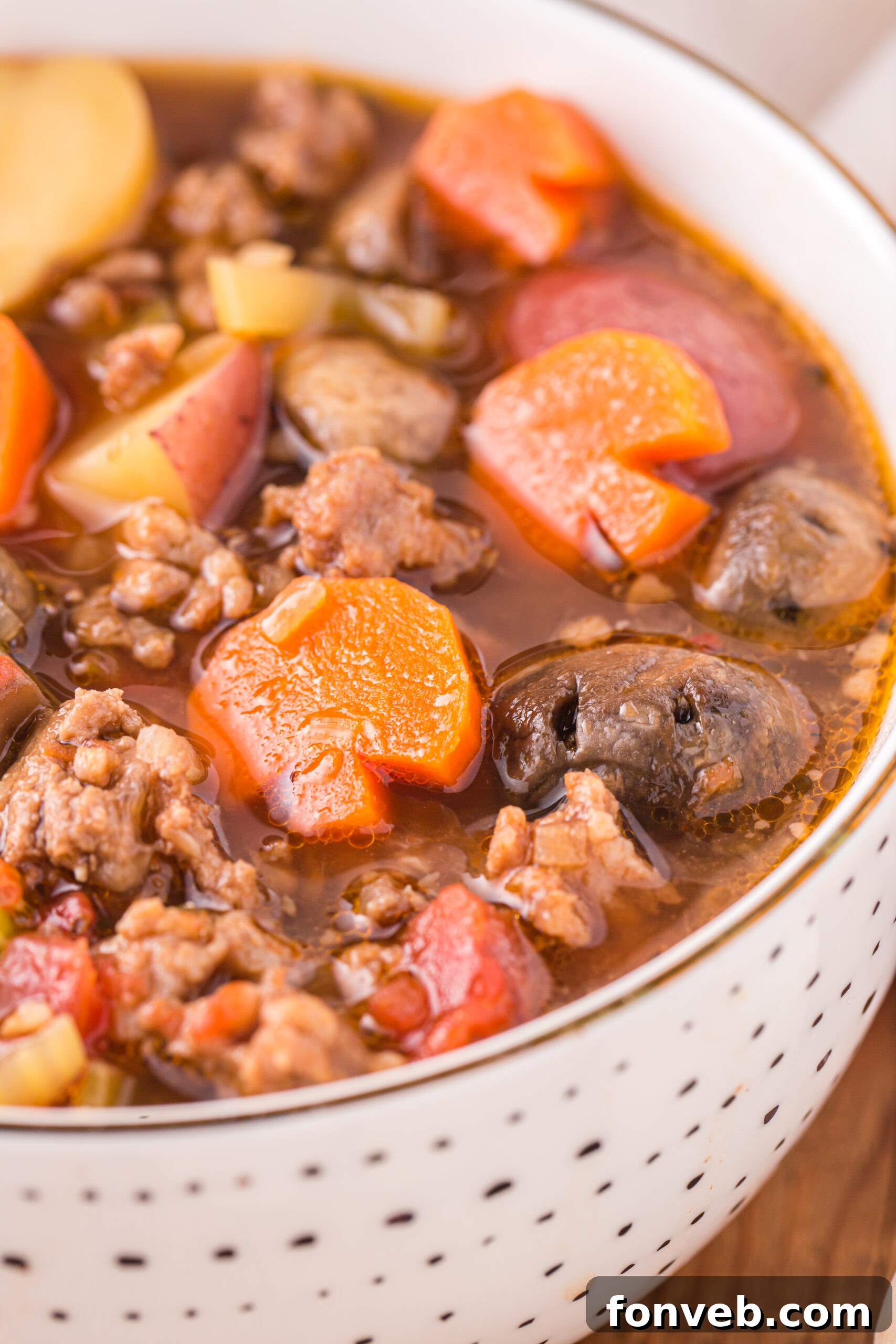 Close up view of a serving of Witches Brew Stew, ready to be enjoyed.