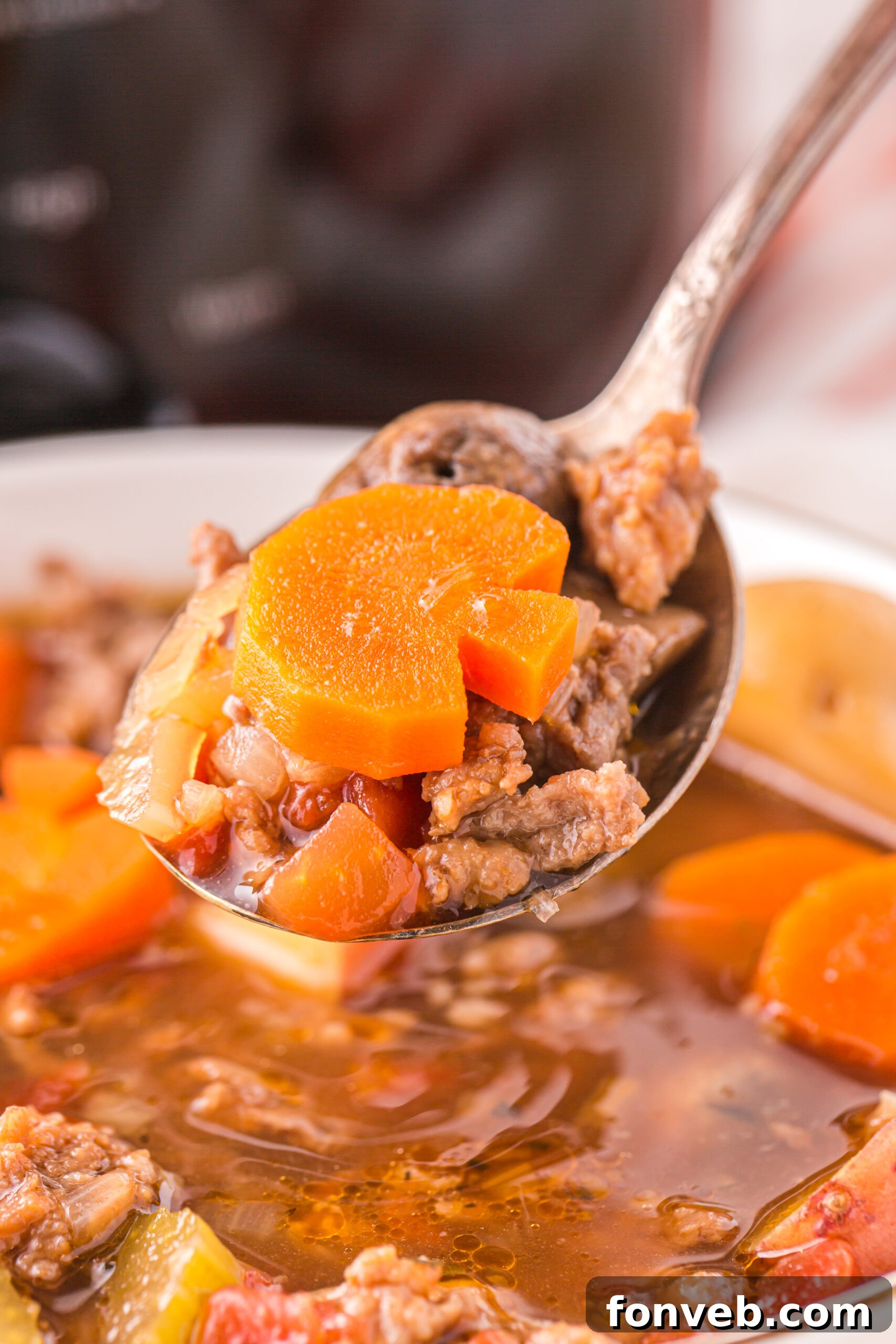 Close up view of a silver spoon lifting a bite of Witches Brew Stew, highlighting the rich broth.