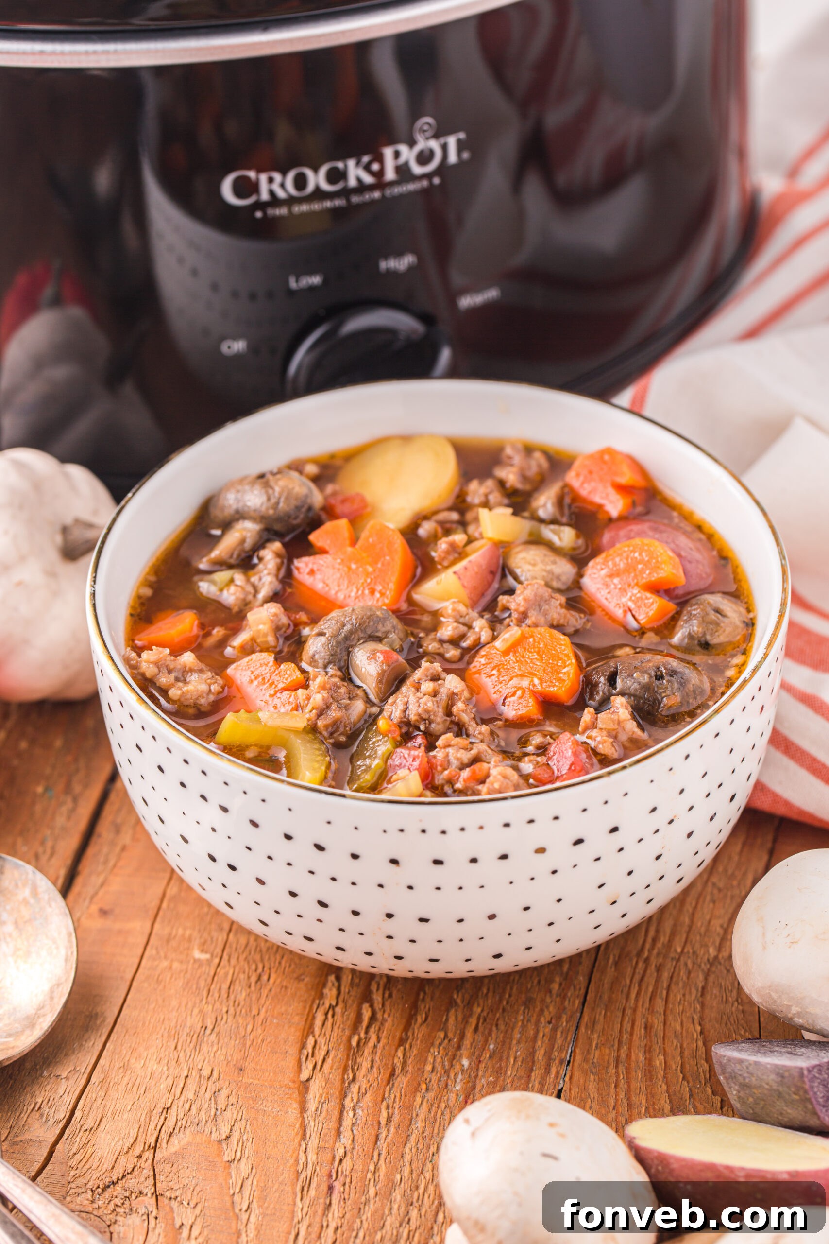 Front view of a hearty serving of Witches Brew Stew in a rustic bowl.