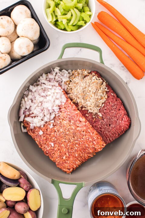 Step-by-step image of browning meat for the stew.