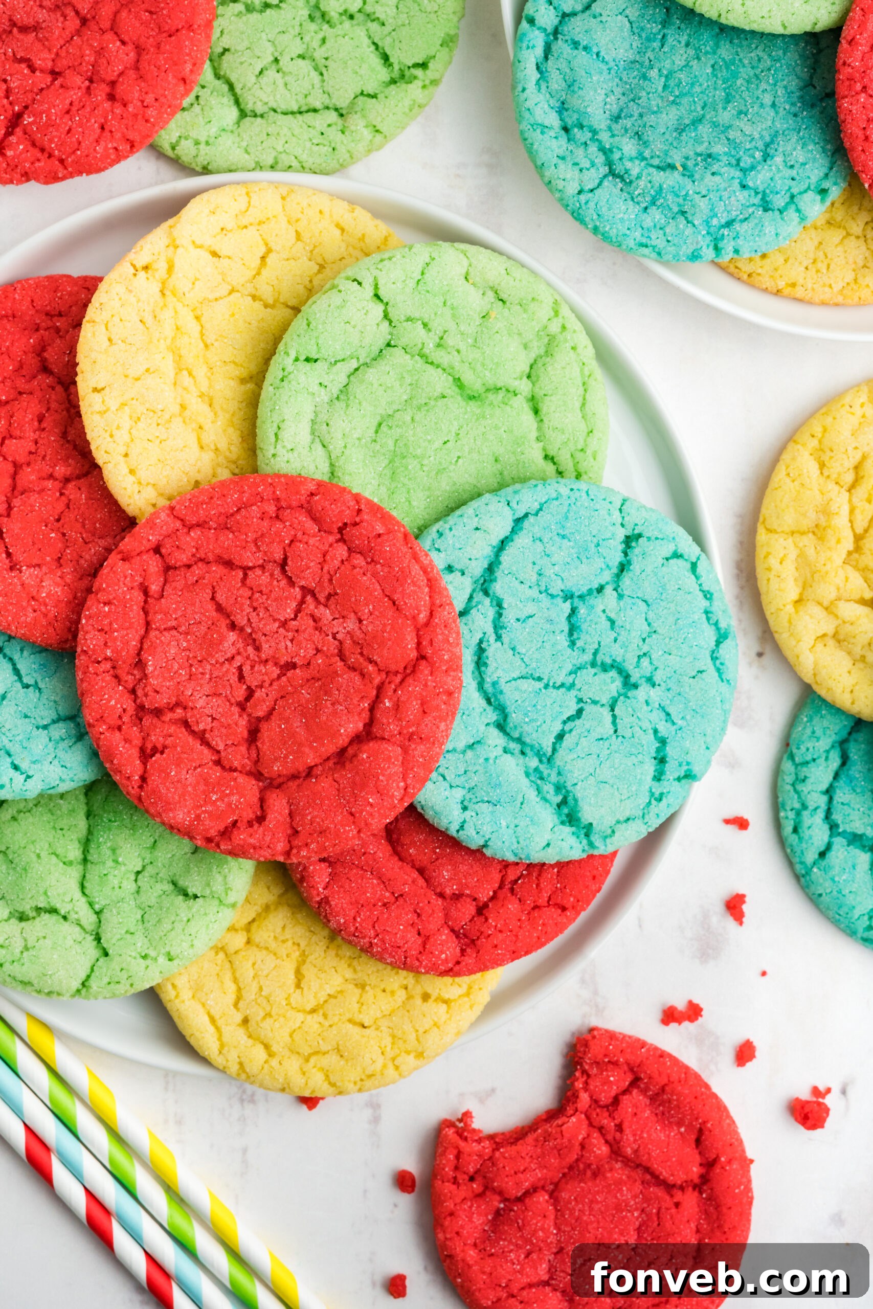 Vibrant Jello Bites 13 Overhead view of a colorful assortment of Jello Cookies on a white plate, ready for serving.