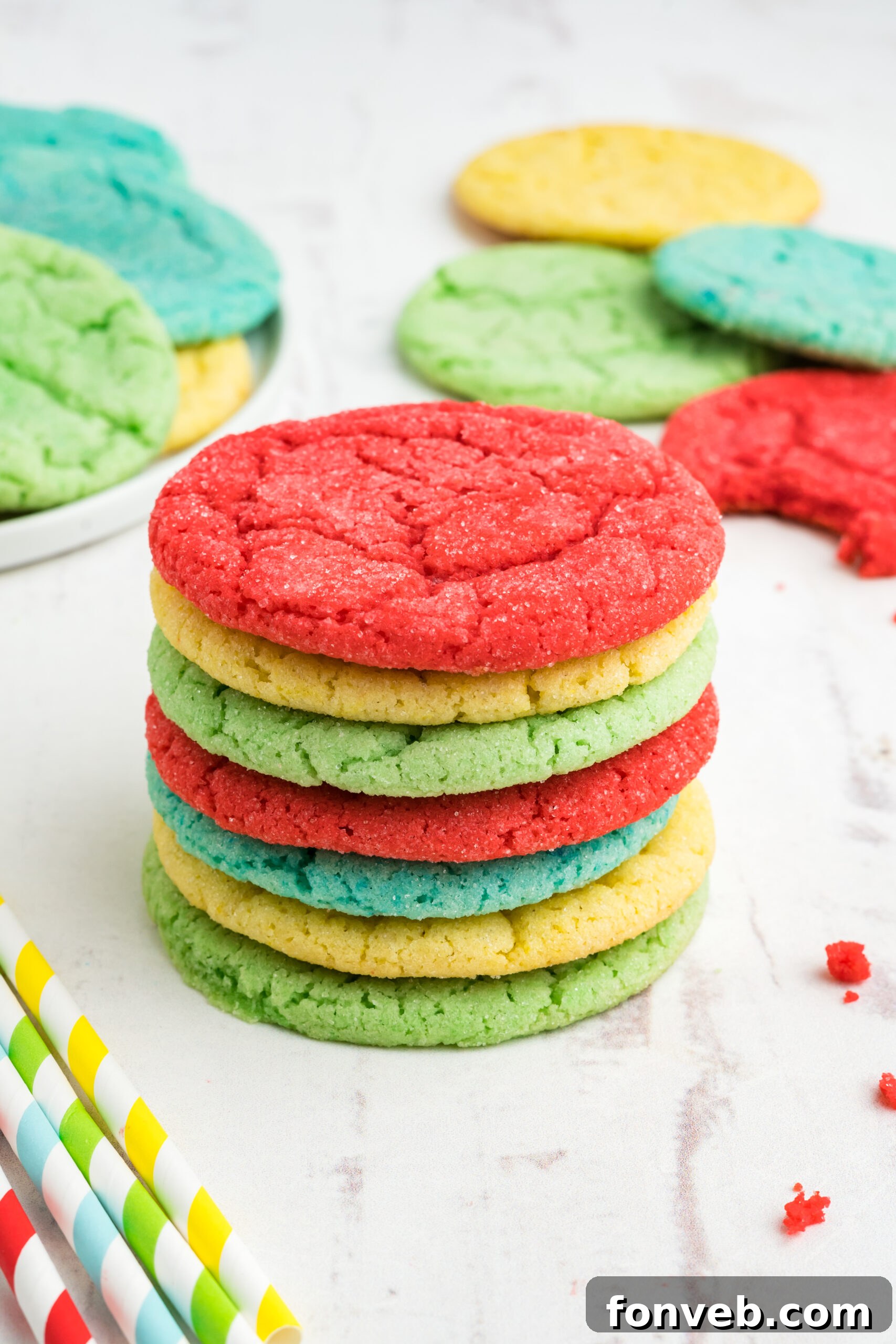 Vibrant Jello Bites 15 Front view of seven Jello Cookies stacked neatly, showcasing their height and appealing colors.