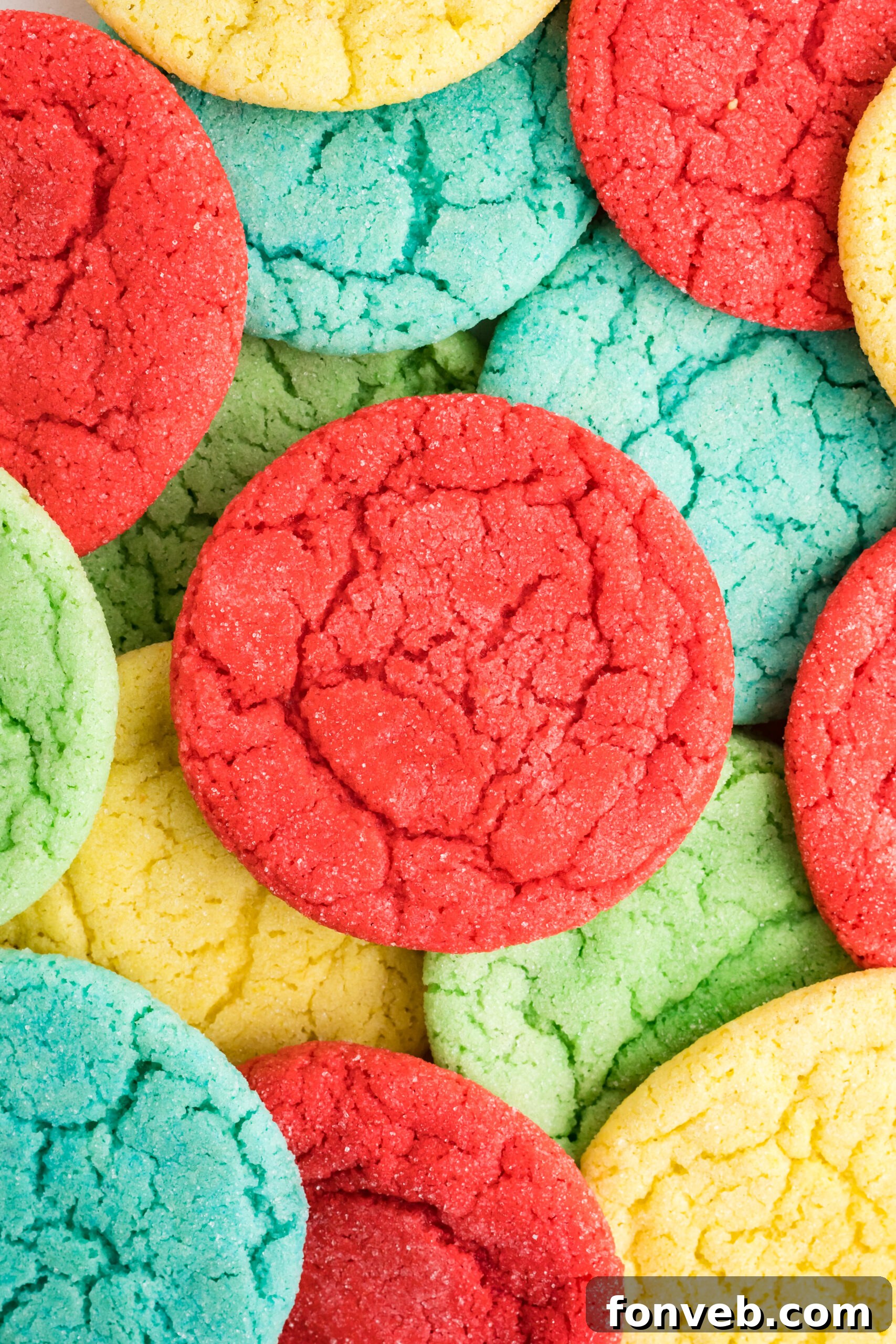 Vibrant Jello Bites 3 Close-up overhead view of an assortment of Jello Cookies, highlighting their distinct colors and soft texture.