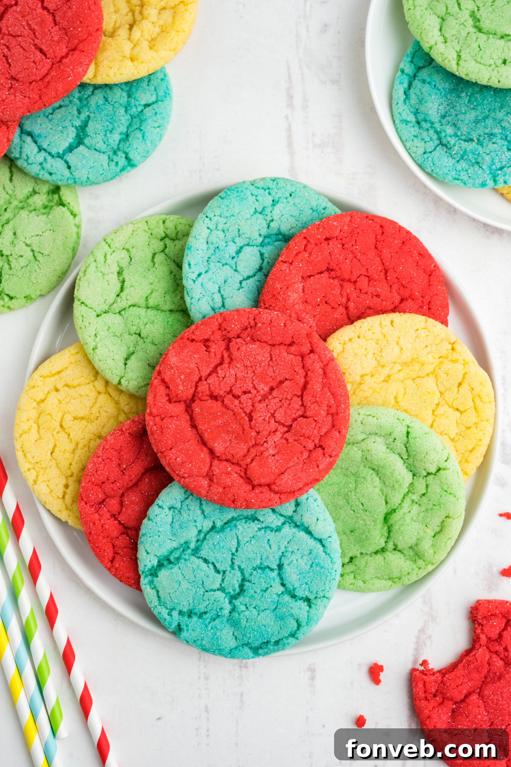 Vibrant Jello Bites 4 Overhead view of colorful Jello Cookies on a white plate, showcasing their inviting appearance.