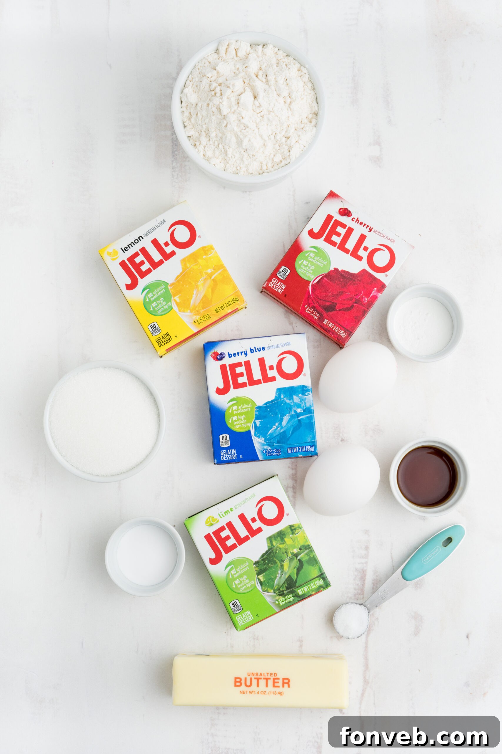 Vibrant Jello Bites 5 Overhead view of all the ingredients meticulously laid out for baking Jello Cookies.