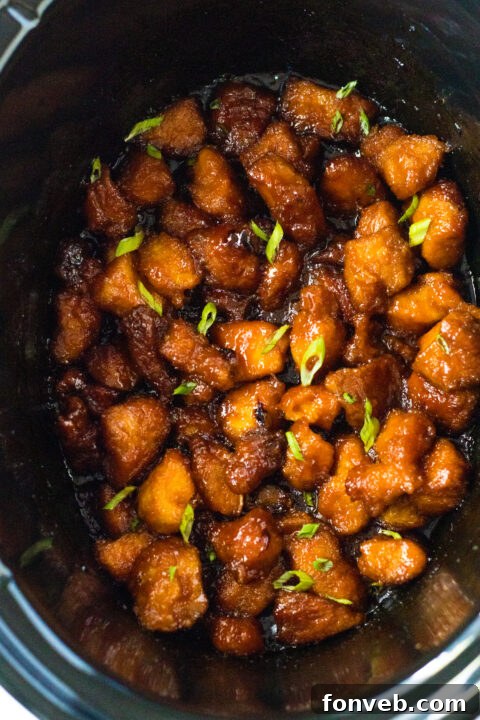Sauce being poured over the chicken in the slow cooker.